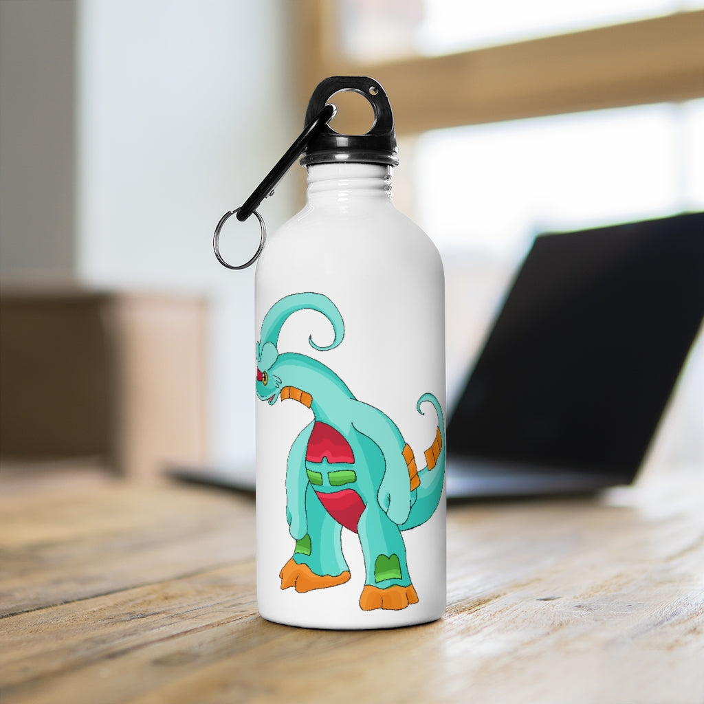 Chrisikle Stainless Steel Water Bottle with plastic screw top and carabiner, showcasing its sleek design and vibrant print.