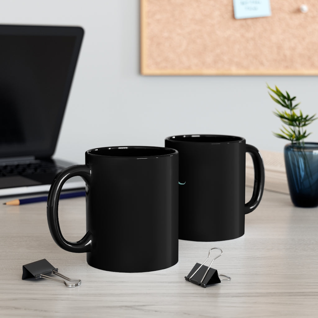 Chriskisx Black mug 11oz with rounded corners and C-handle, showcasing full-wrap decoration style.