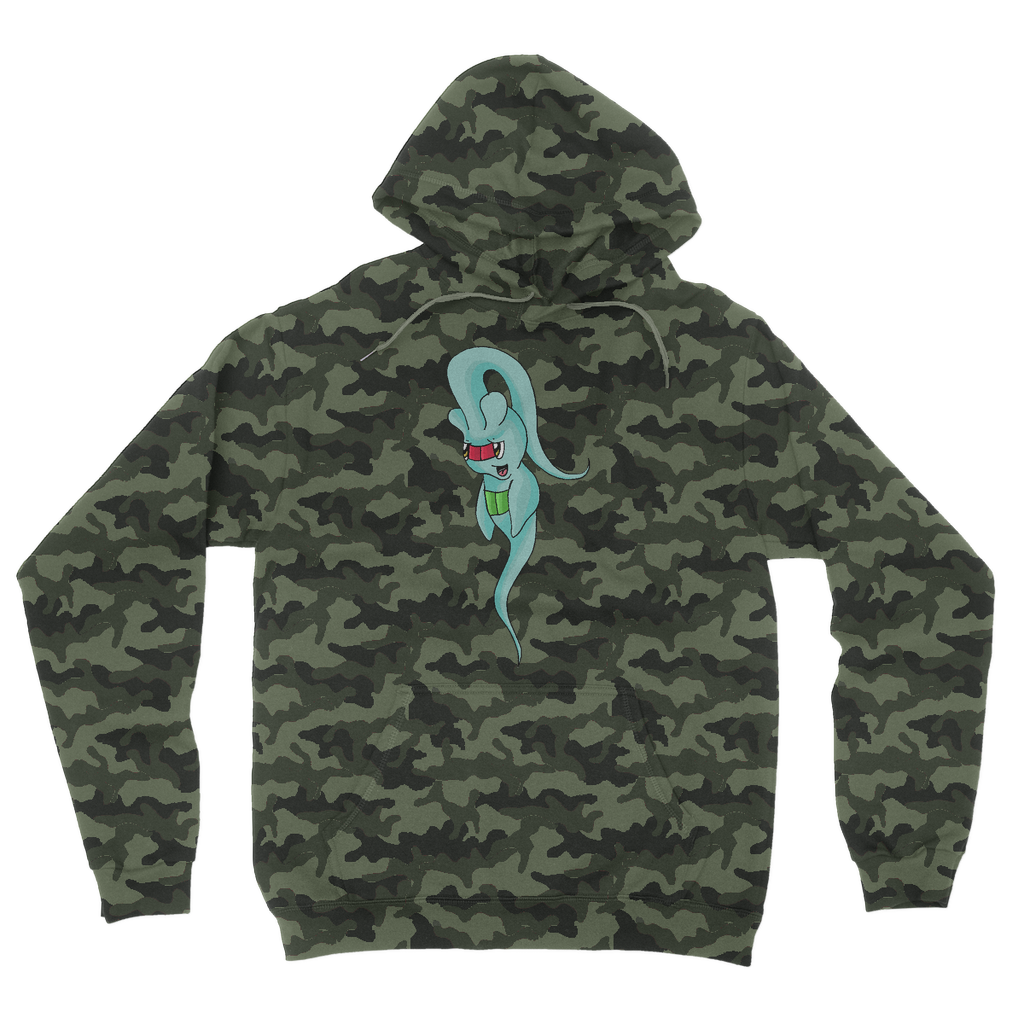 Chriskisx Camouflage Adult Hoodie featuring all-over camo print, flat lace drawcords, and kangaroo pouch pocket.