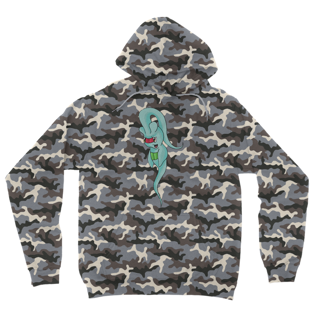 Chriskisx Camouflage Adult Hoodie featuring all-over camo print, flat lace drawcords, and kangaroo pouch pocket.