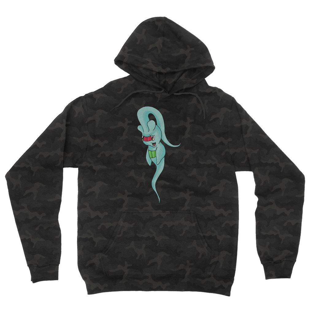 Chriskisx Camouflage Adult Hoodie featuring all-over camo print, flat lace drawcords, and kangaroo pouch pocket.