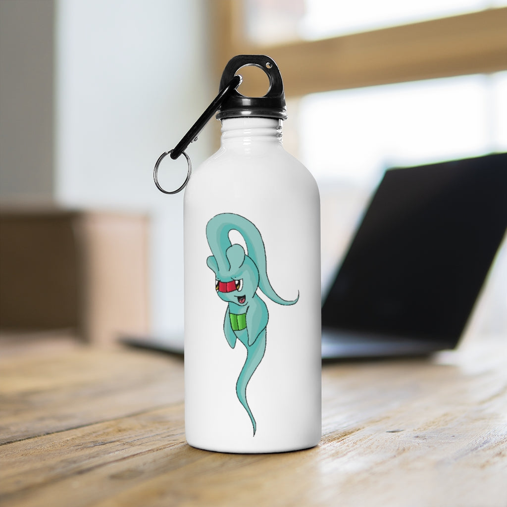 Chriskisx Stainless Steel Water Bottle with a plastic screw top and carabiner, showcasing its stylish design and lightweight build.