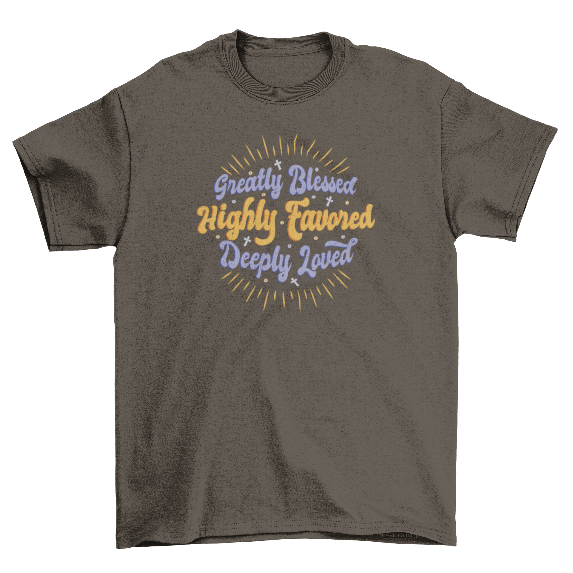 Christian blessed lettering t-shirt design featuring the quote 'Greatly blessed, highly favored, deeply loved' in elegant typography.