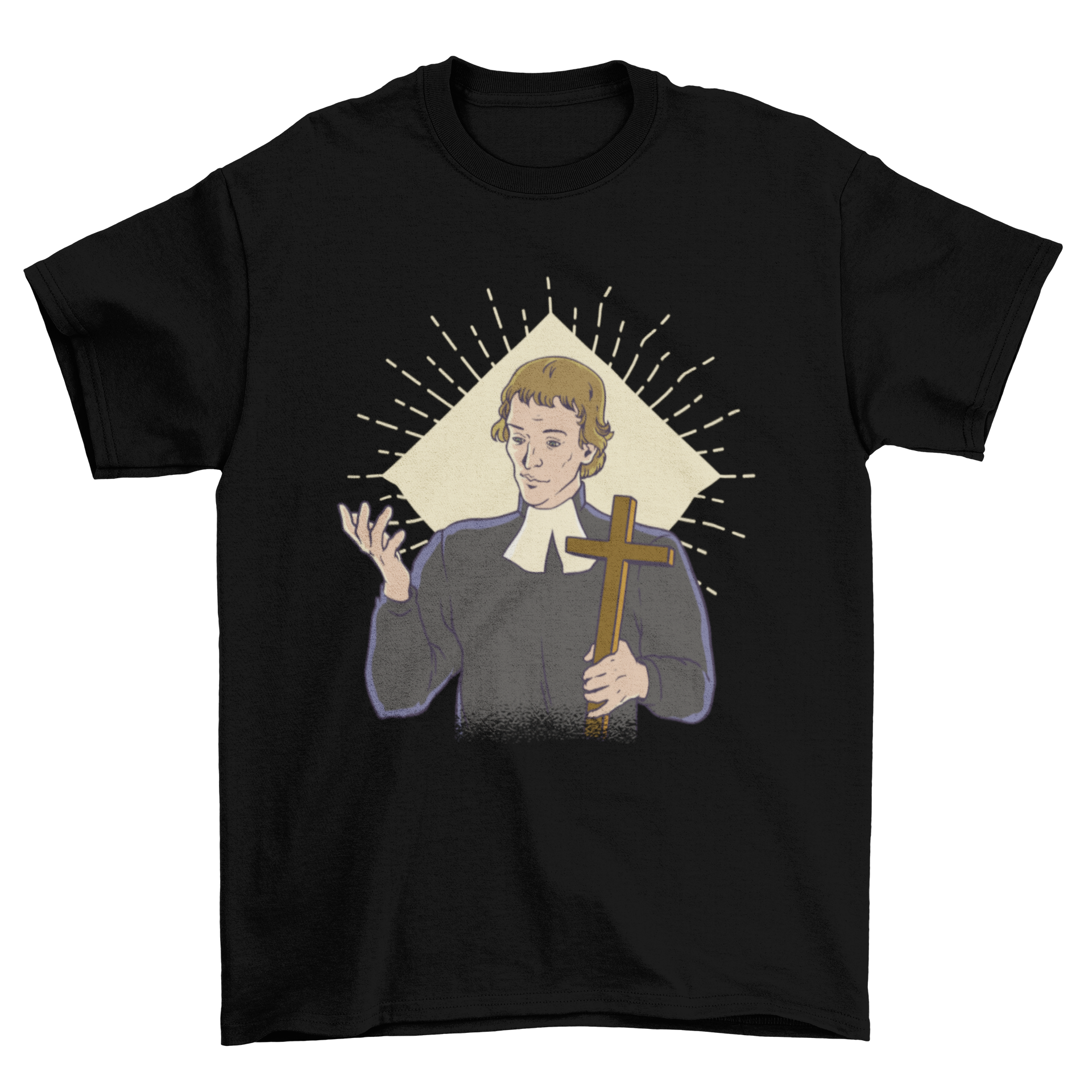 A stylish t-shirt featuring a priest holding a cross, symbolizing faith and devotion.