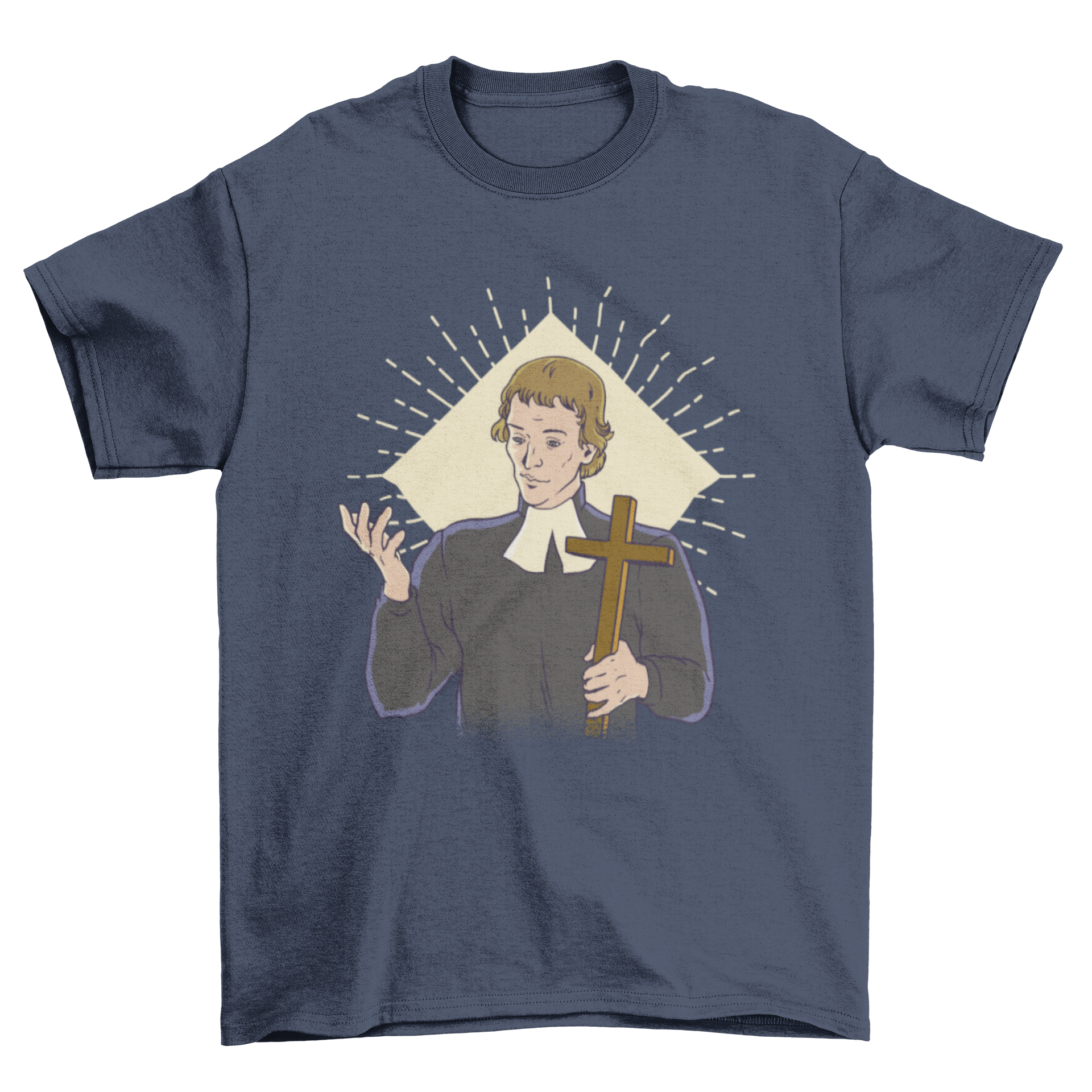 A stylish t-shirt featuring a priest holding a cross, symbolizing faith and devotion.