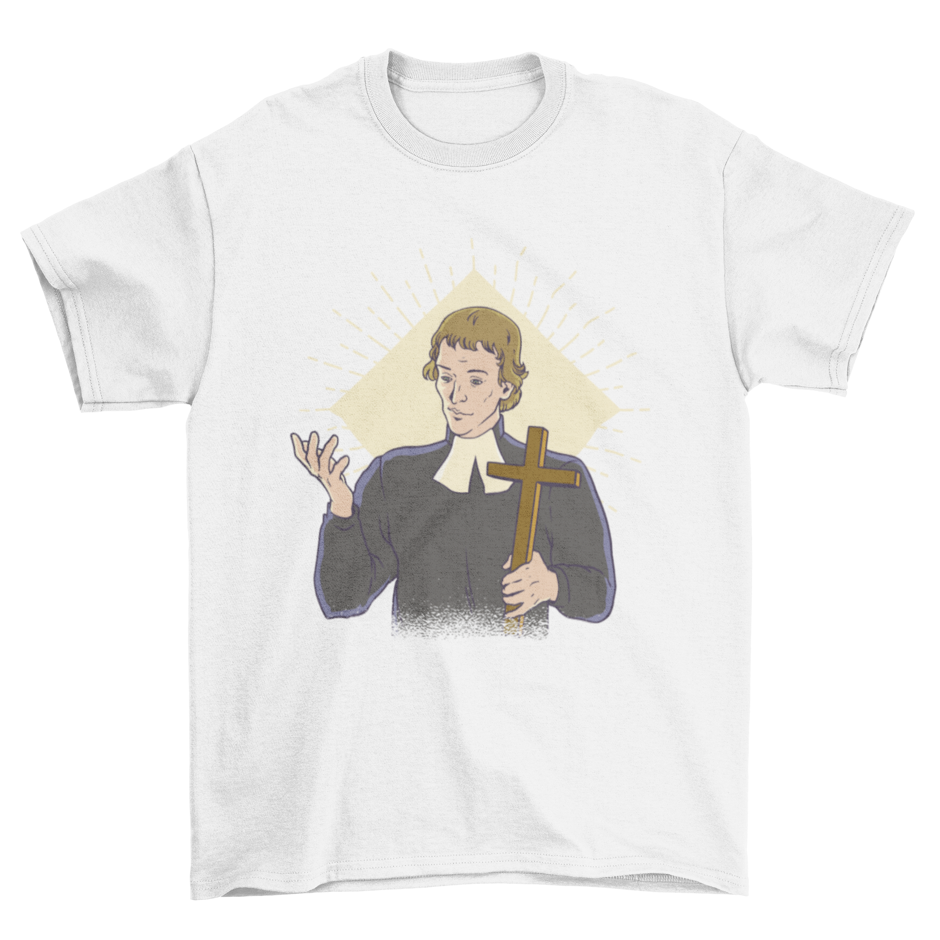 A stylish t-shirt featuring a priest holding a cross, symbolizing faith and devotion.