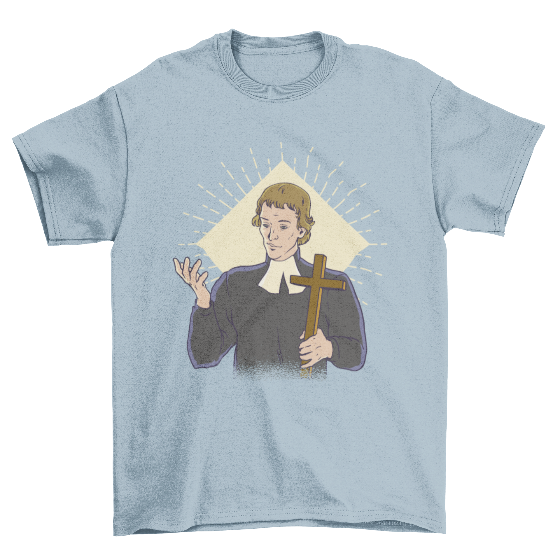 A stylish t-shirt featuring a priest holding a cross, symbolizing faith and devotion.