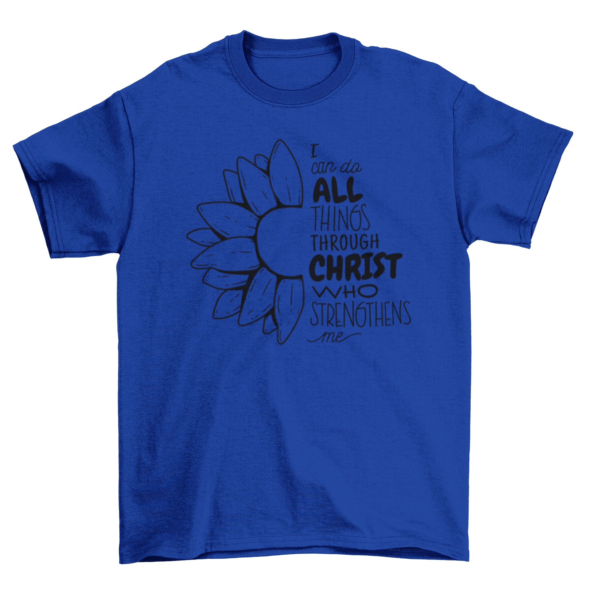 A stylish Christian t-shirt featuring the quote 'I can do all things through Christ who strengthens me' in elegant typography.