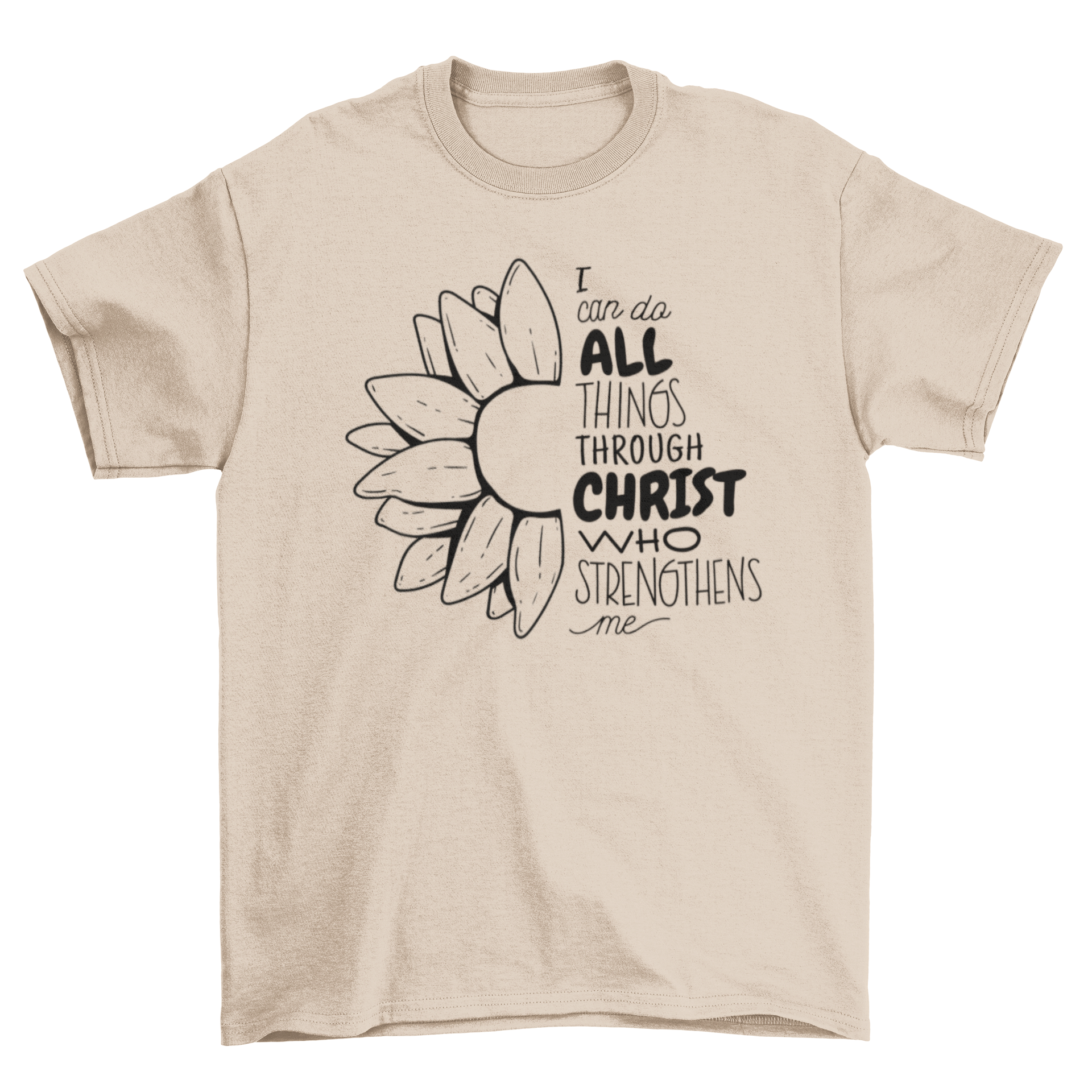 A stylish Christian t-shirt featuring the quote 'I can do all things through Christ who strengthens me' in elegant typography.