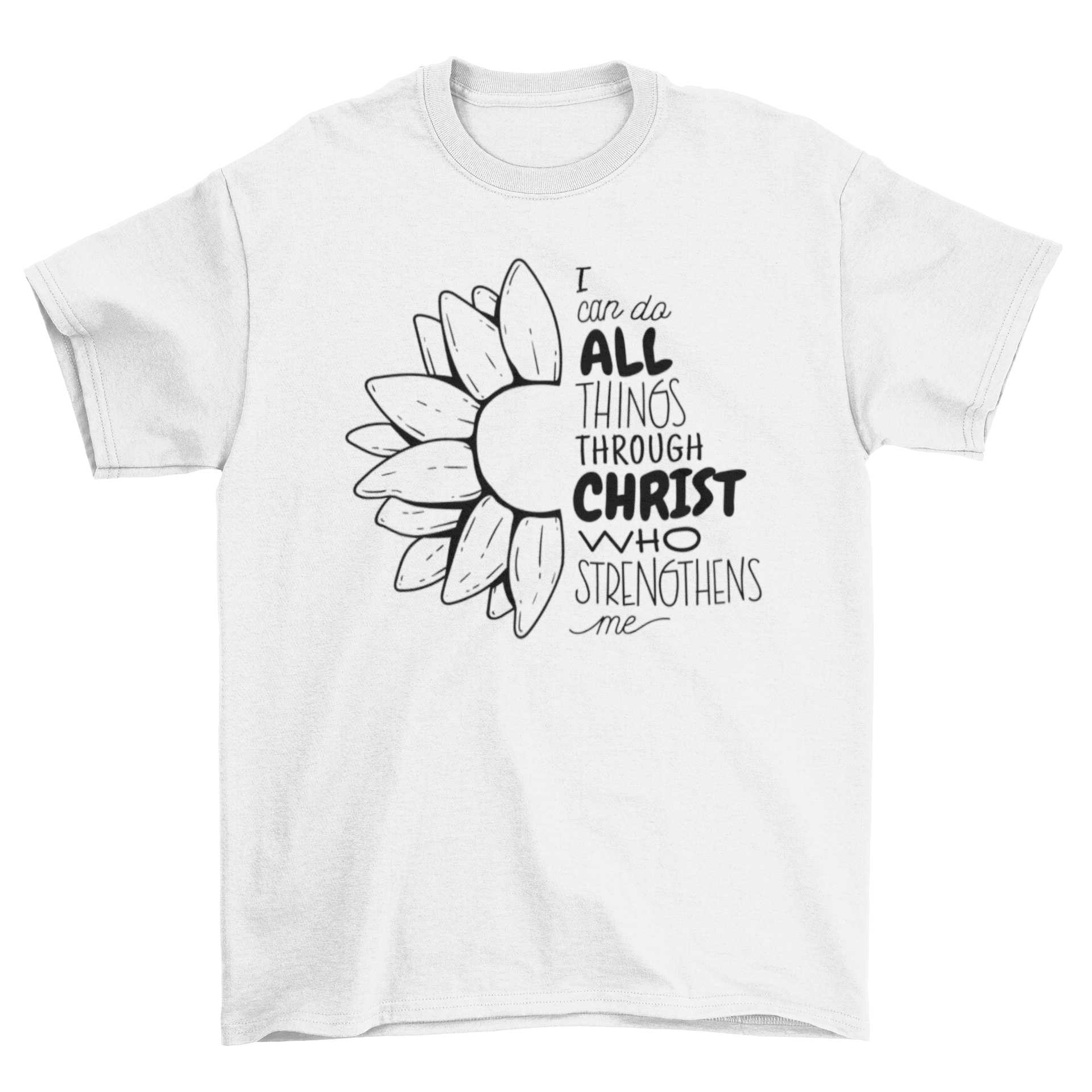 A stylish Christian t-shirt featuring the quote 'I can do all things through Christ who strengthens me' in elegant typography.