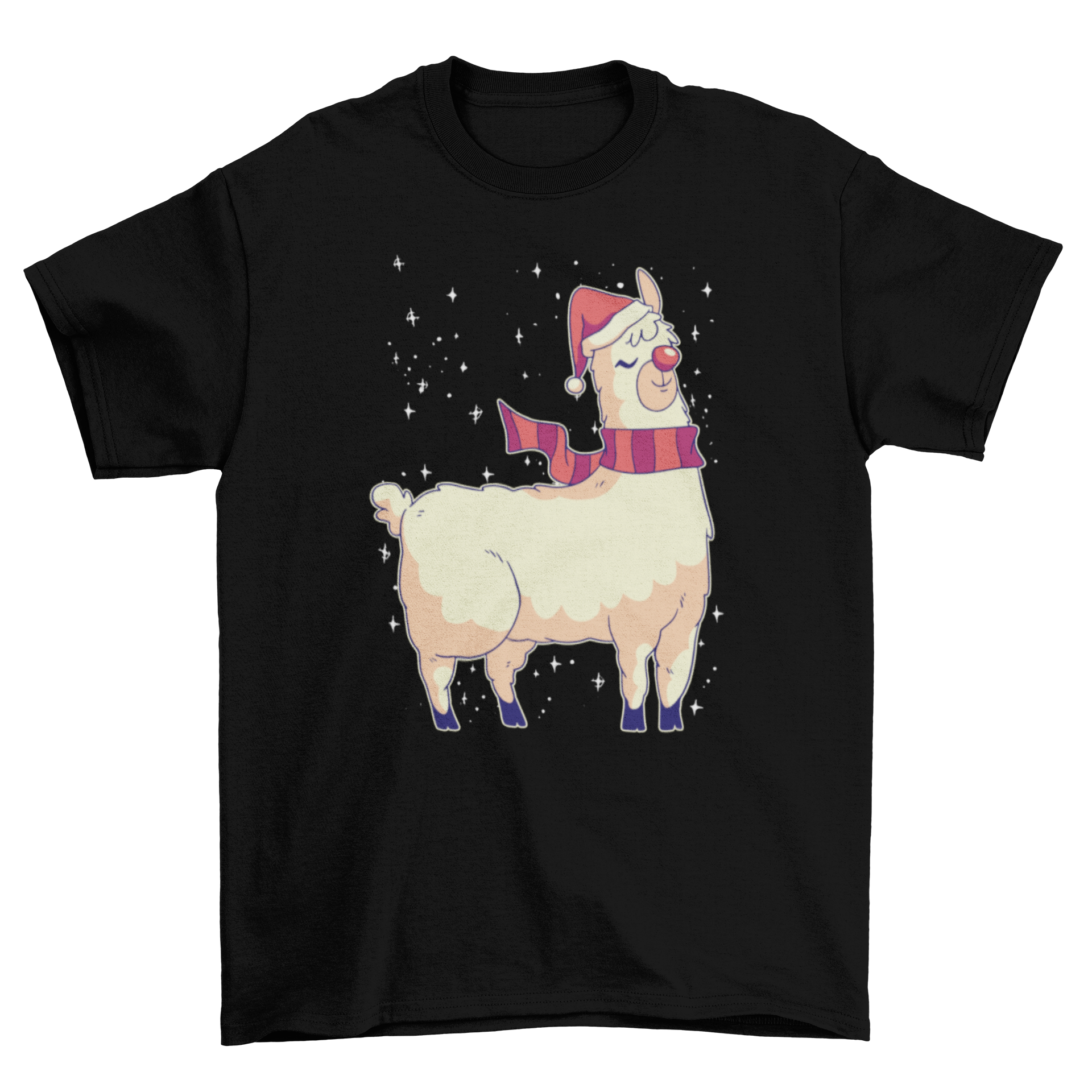 A festive Christmas t-shirt featuring a cute alpaca wearing a Santa hat, red nose, and scarf, perfect for holiday celebrations.