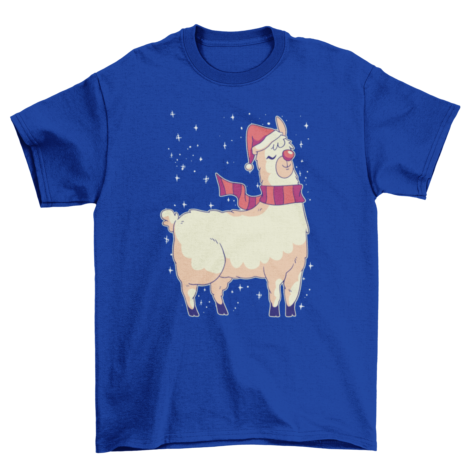 A festive Christmas t-shirt featuring a cute alpaca wearing a Santa hat, red nose, and scarf, perfect for holiday celebrations.