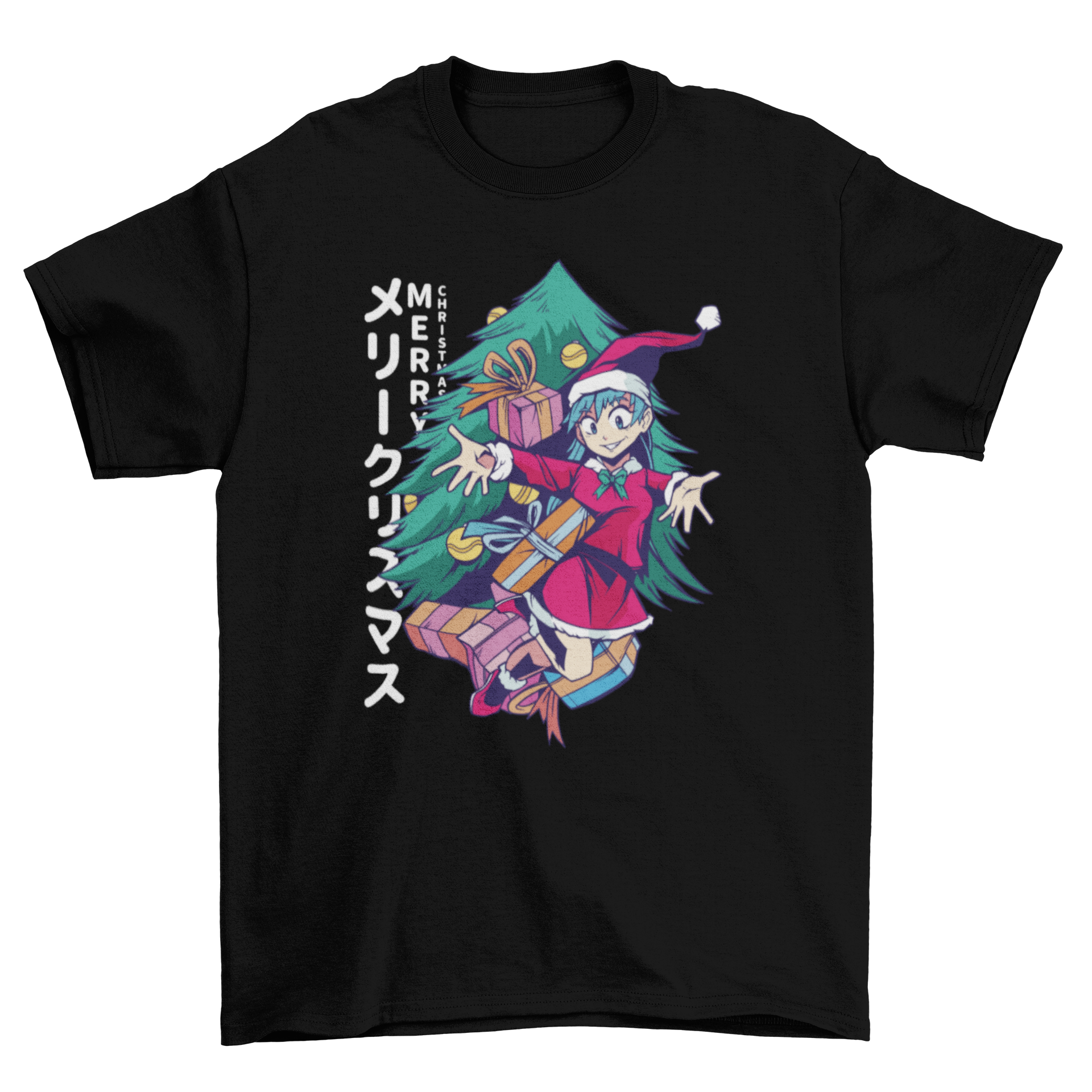 A vibrant Christmas anime girl t-shirt featuring a cheerful anime girl with a Christmas tree and colorful presents.