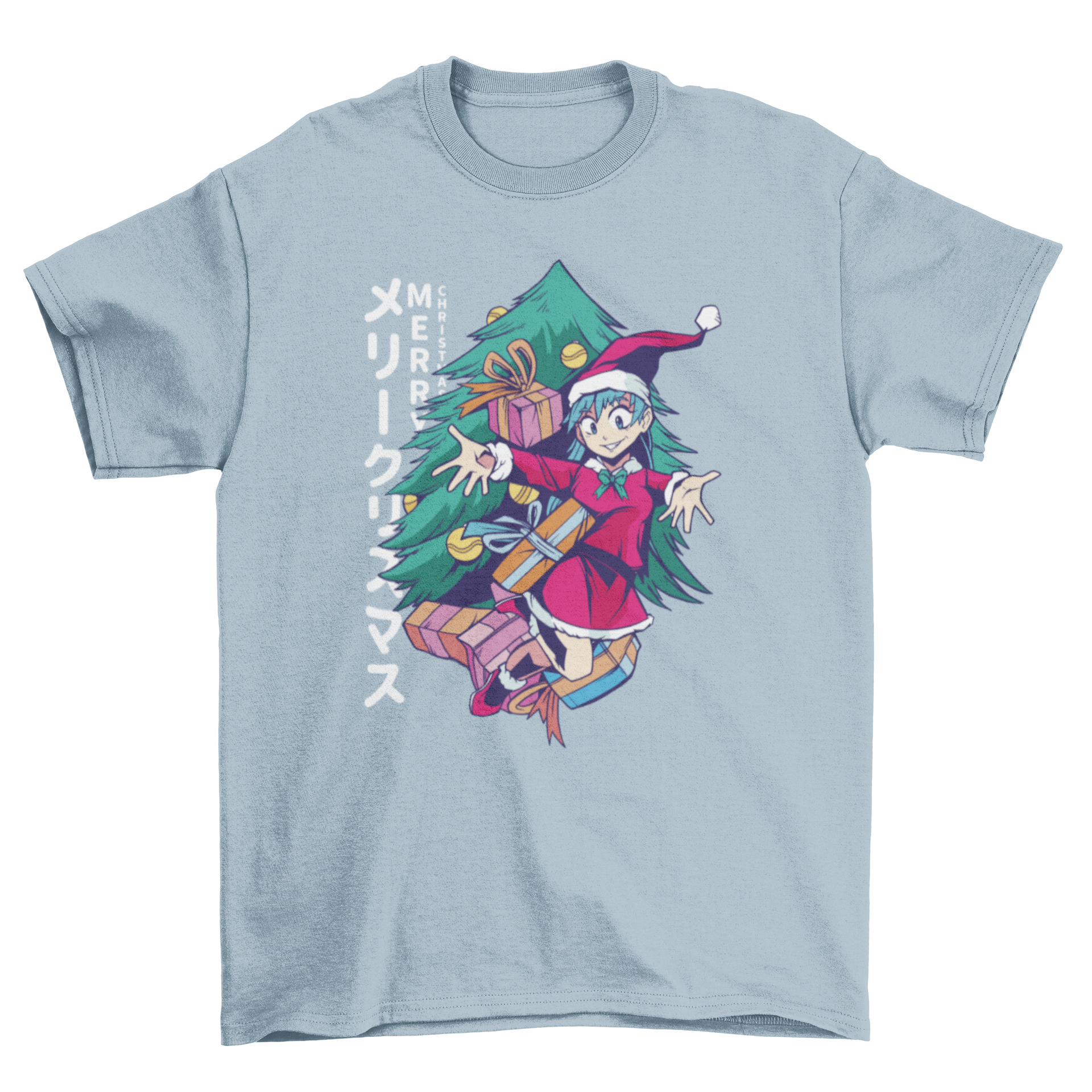 A vibrant Christmas anime girl t-shirt featuring a cheerful anime girl with a Christmas tree and colorful presents.