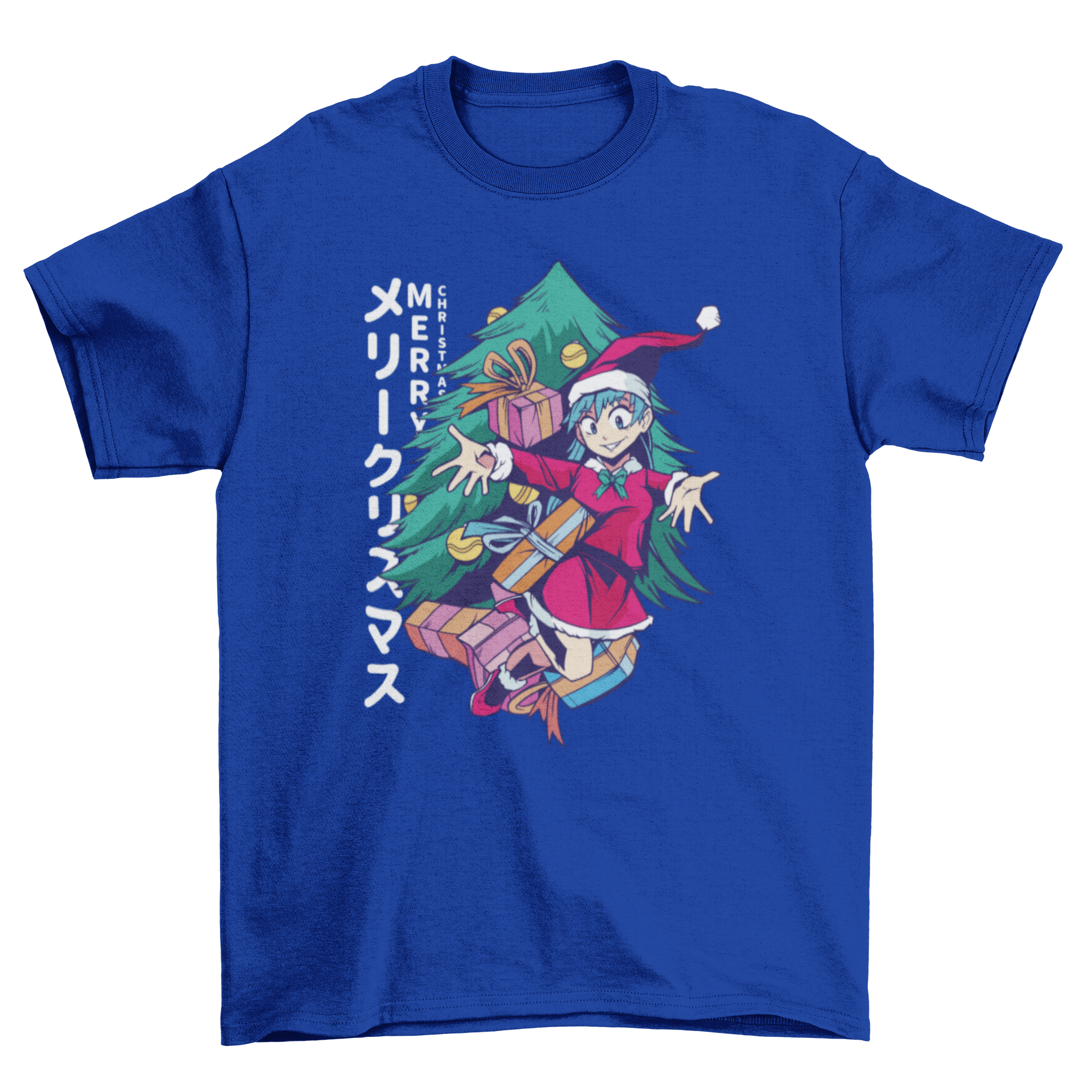 A vibrant Christmas anime girl t-shirt featuring a cheerful anime girl with a Christmas tree and colorful presents.