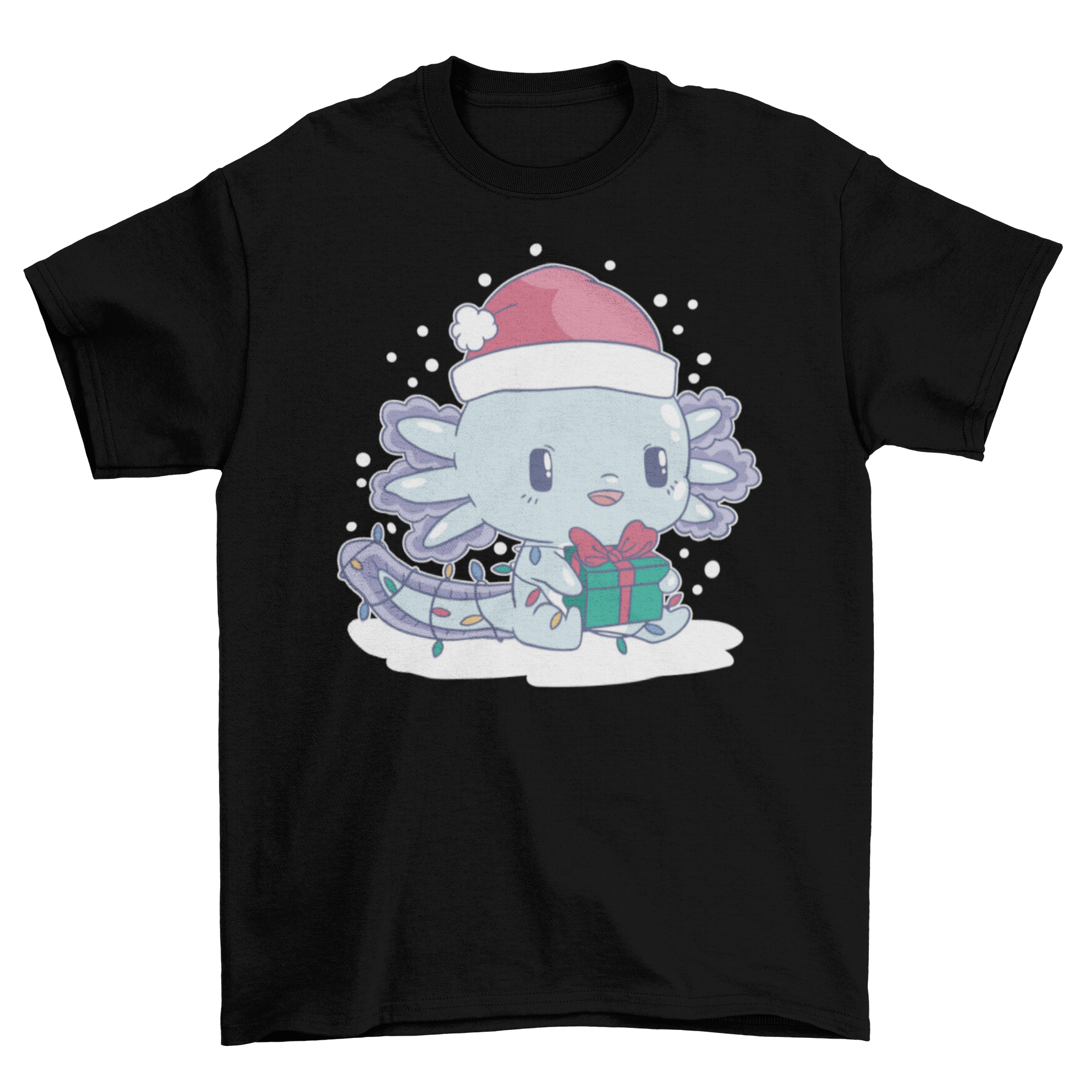 A festive Christmas axolotl t-shirt featuring an axolotl with colorful Christmas lights and a present, perfect for holiday celebrations.