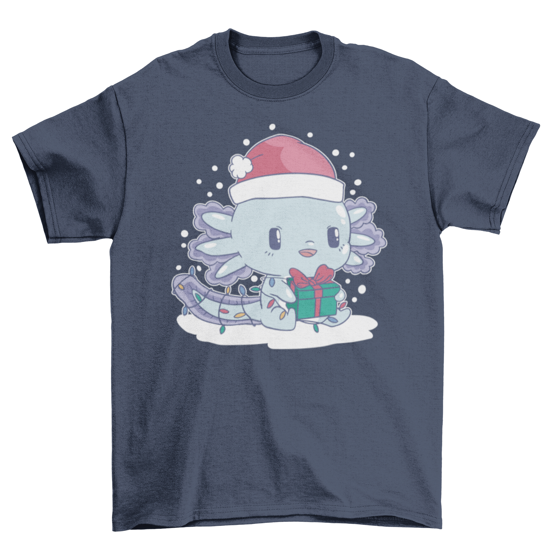 A festive Christmas axolotl t-shirt featuring an axolotl with colorful Christmas lights and a present, perfect for holiday celebrations.