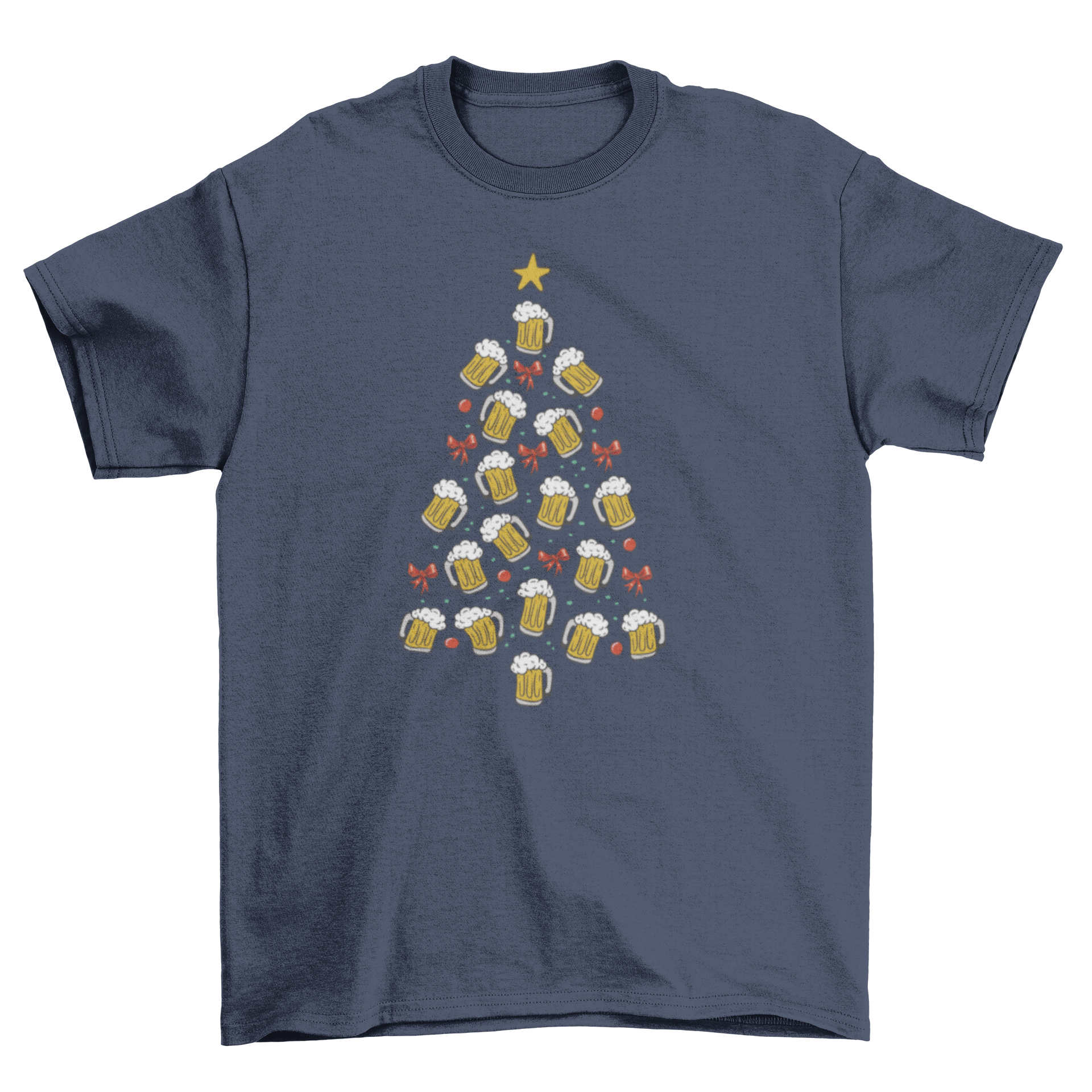 A festive Christmas t-shirt featuring a creative design of a Christmas tree made from beer chops, perfect for holiday celebrations.