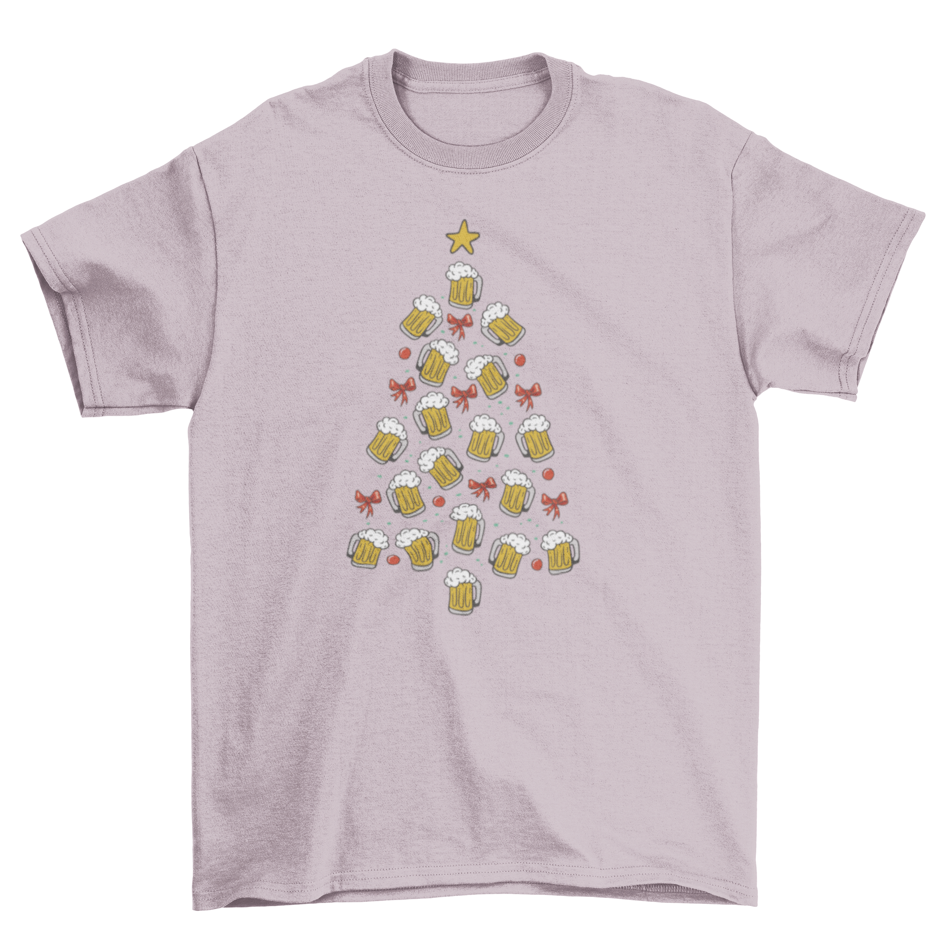 A festive Christmas t-shirt featuring a creative design of a Christmas tree made from beer chops, perfect for holiday celebrations.