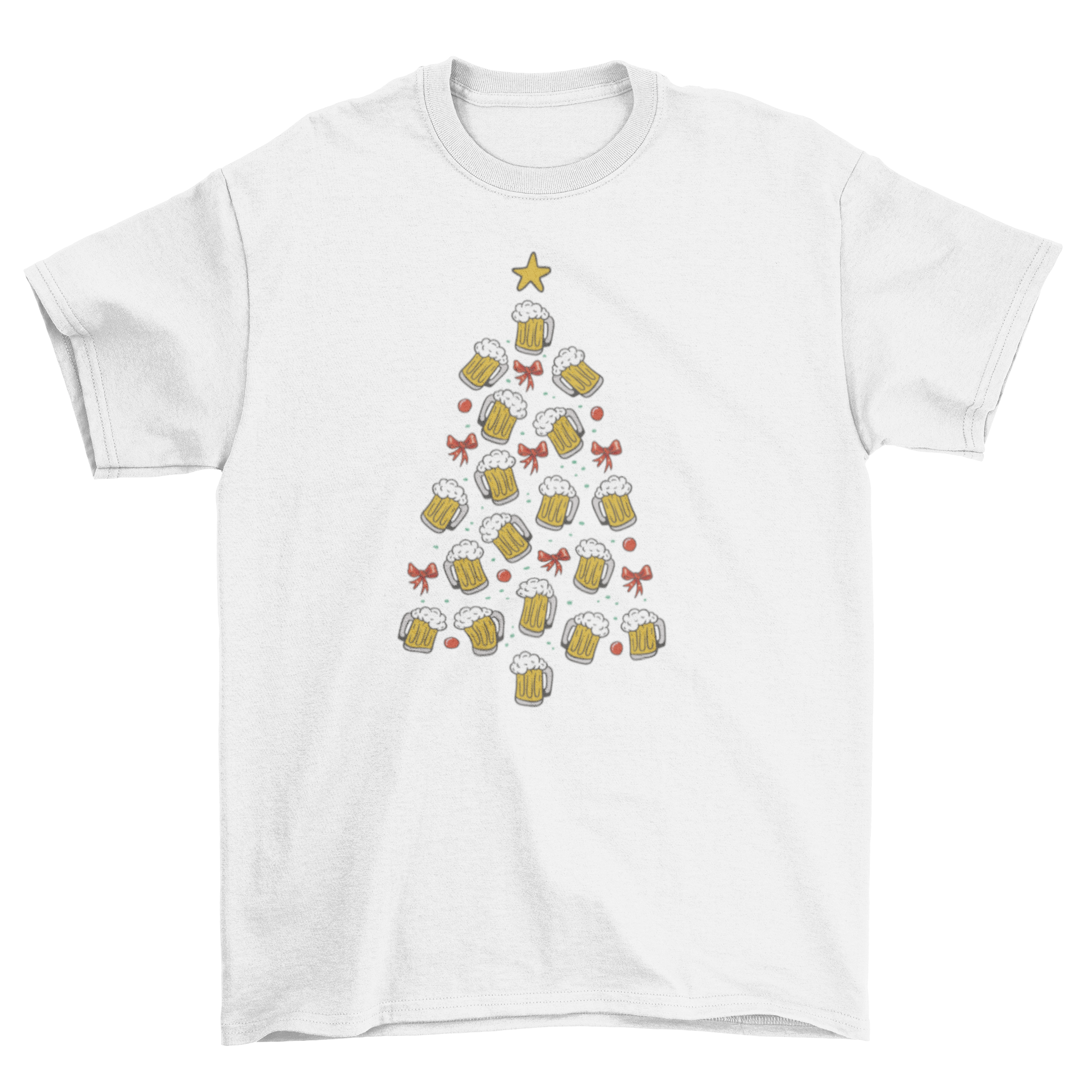 A festive Christmas t-shirt featuring a creative design of a Christmas tree made from beer chops, perfect for holiday celebrations.