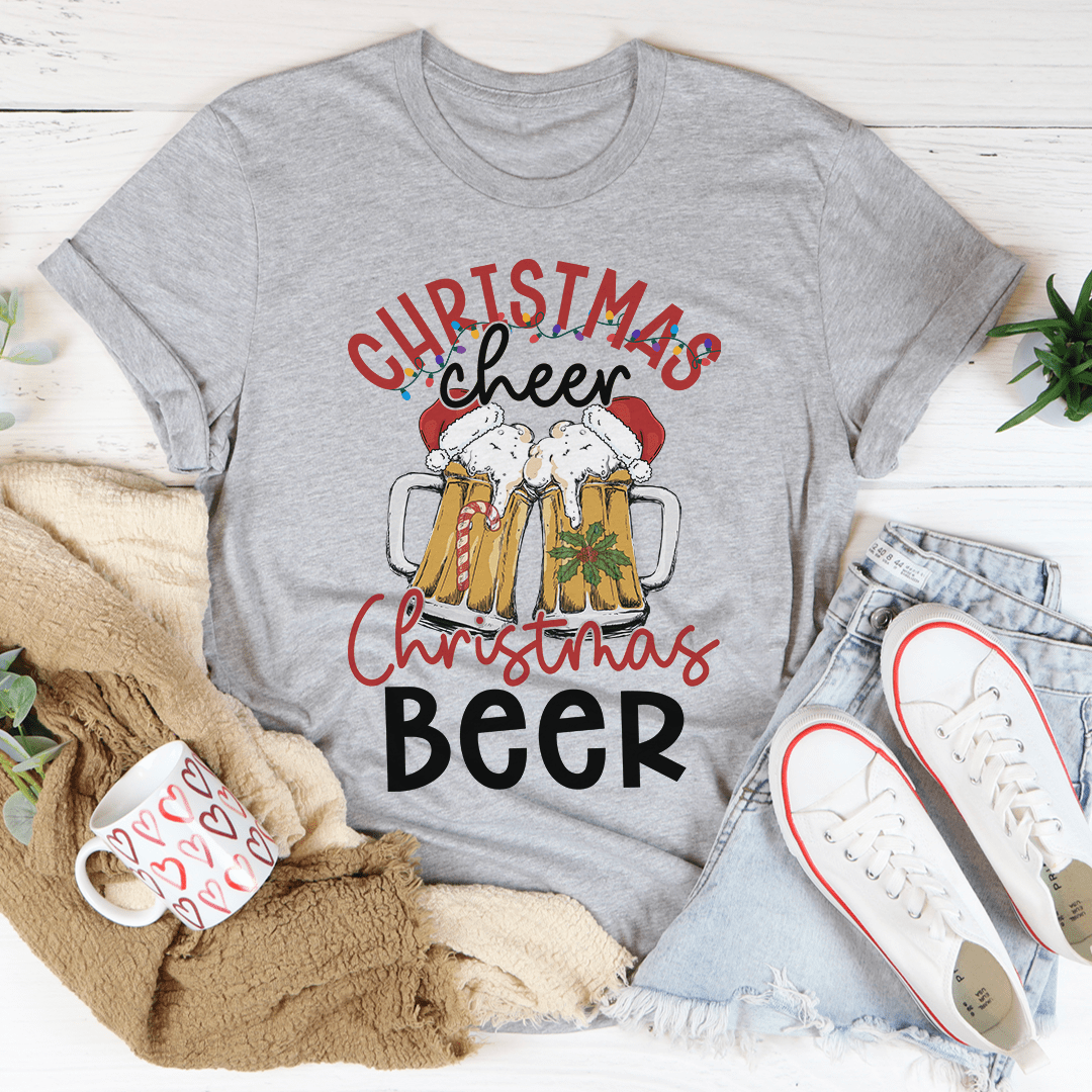 A festive Christmas Beer T-Shirt made from soft ring-spun cotton, featuring a fun holiday design, perfect for celebrating the season.