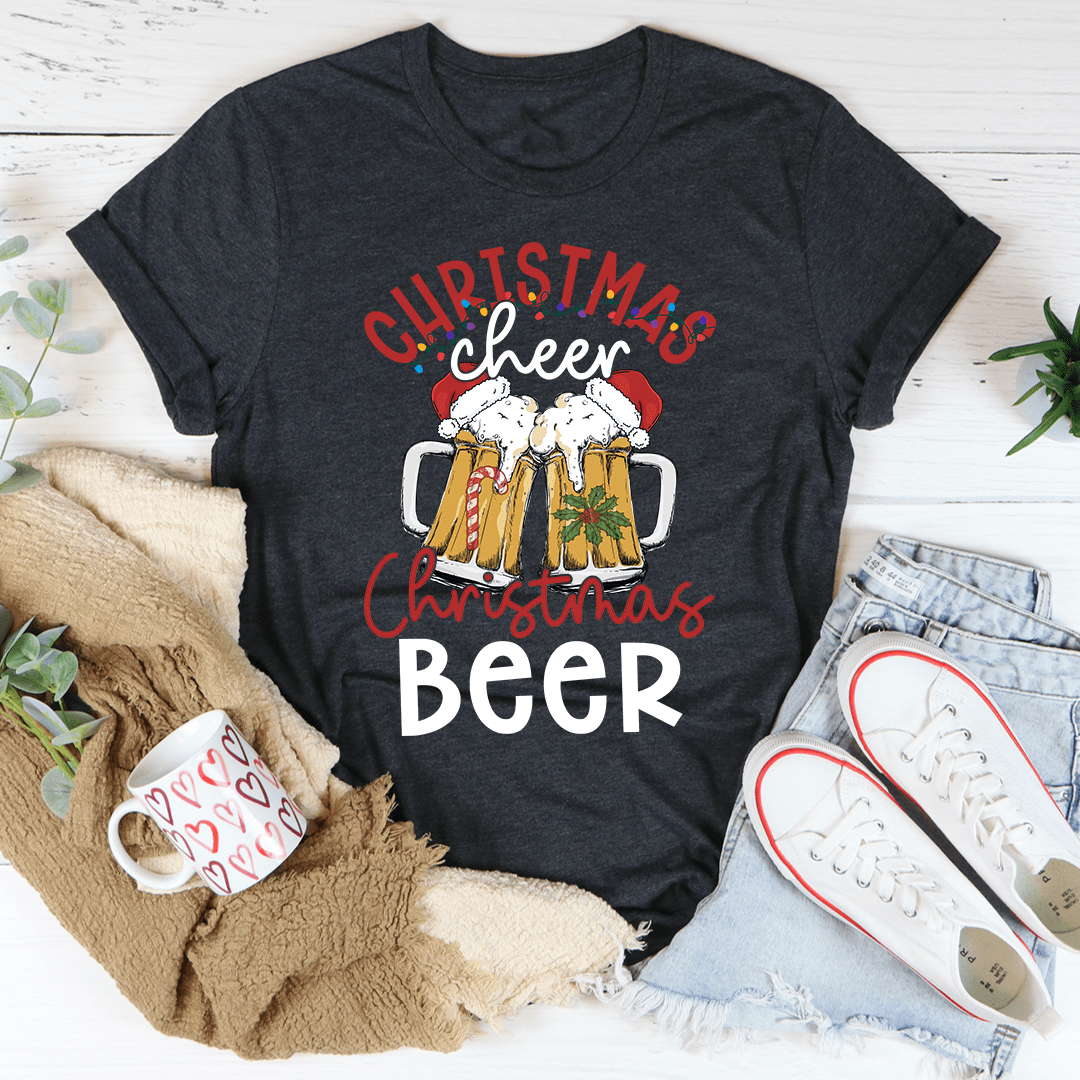 A festive Christmas Beer T-Shirt made from soft ring-spun cotton, featuring a fun holiday design, perfect for celebrating the season.