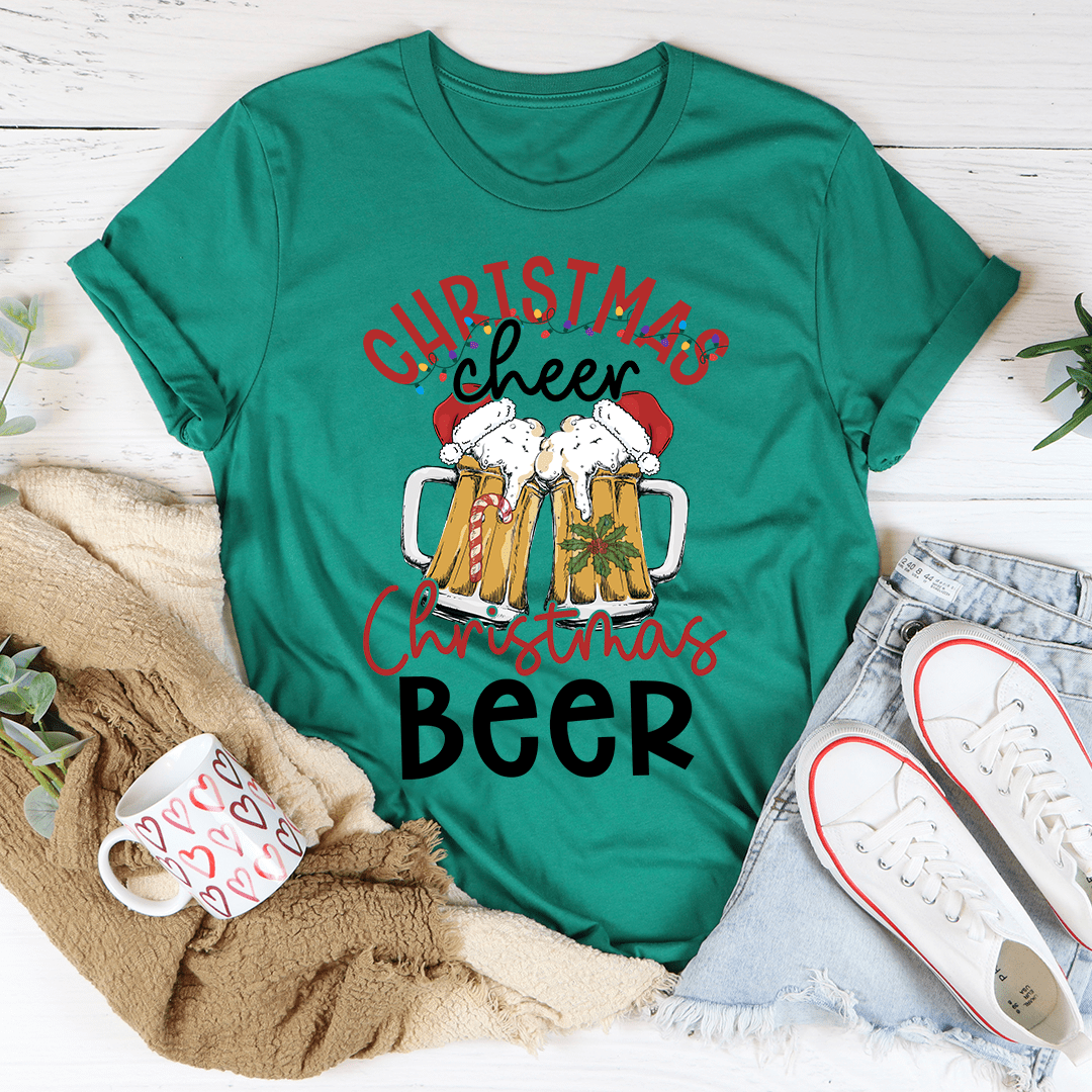 A festive Christmas Beer T-Shirt made from soft ring-spun cotton, featuring a fun holiday design, perfect for celebrating the season.