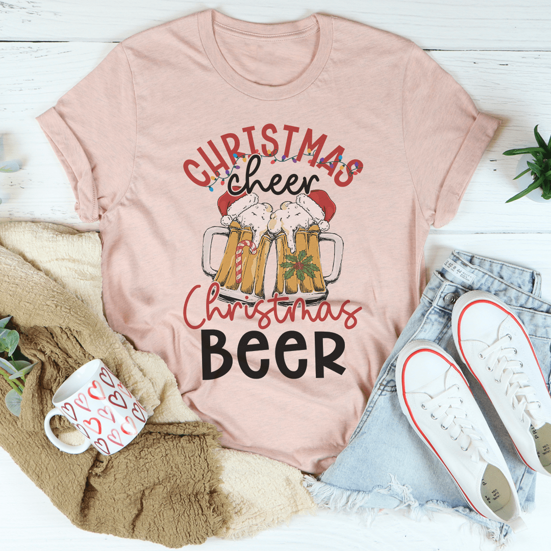 A festive Christmas Beer T-Shirt made from soft ring-spun cotton, featuring a fun holiday design, perfect for celebrating the season.