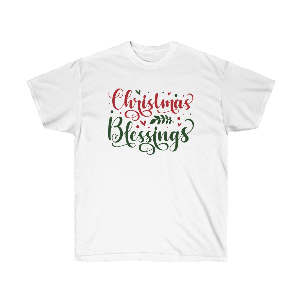 A festive Christmas Blessings Holiday T-Shirt featuring a cheerful design, perfect for holiday celebrations and gatherings.