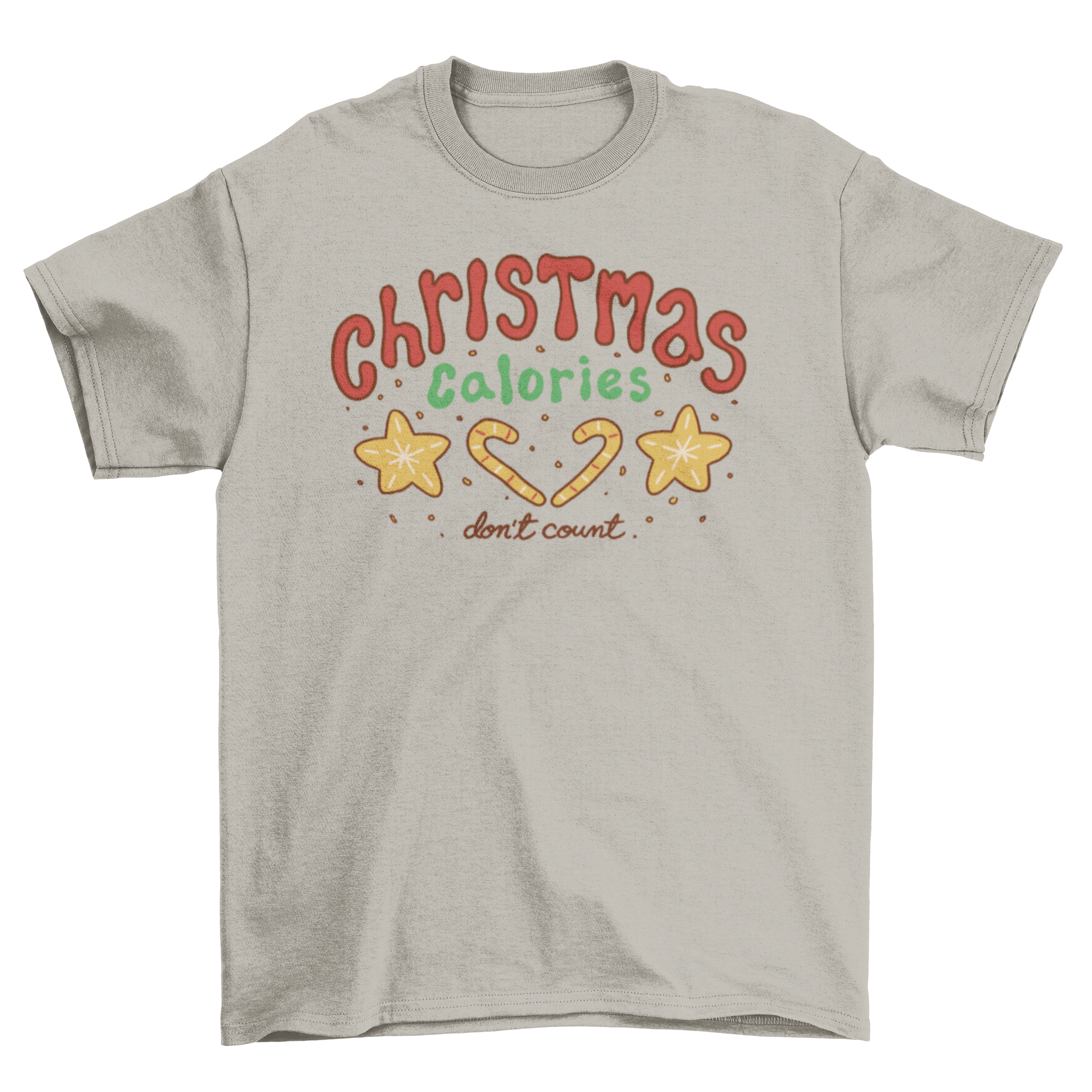 A festive Christmas t-shirt featuring the quote 'Christmas calories don't count' in a playful design, perfect for holiday celebrations.