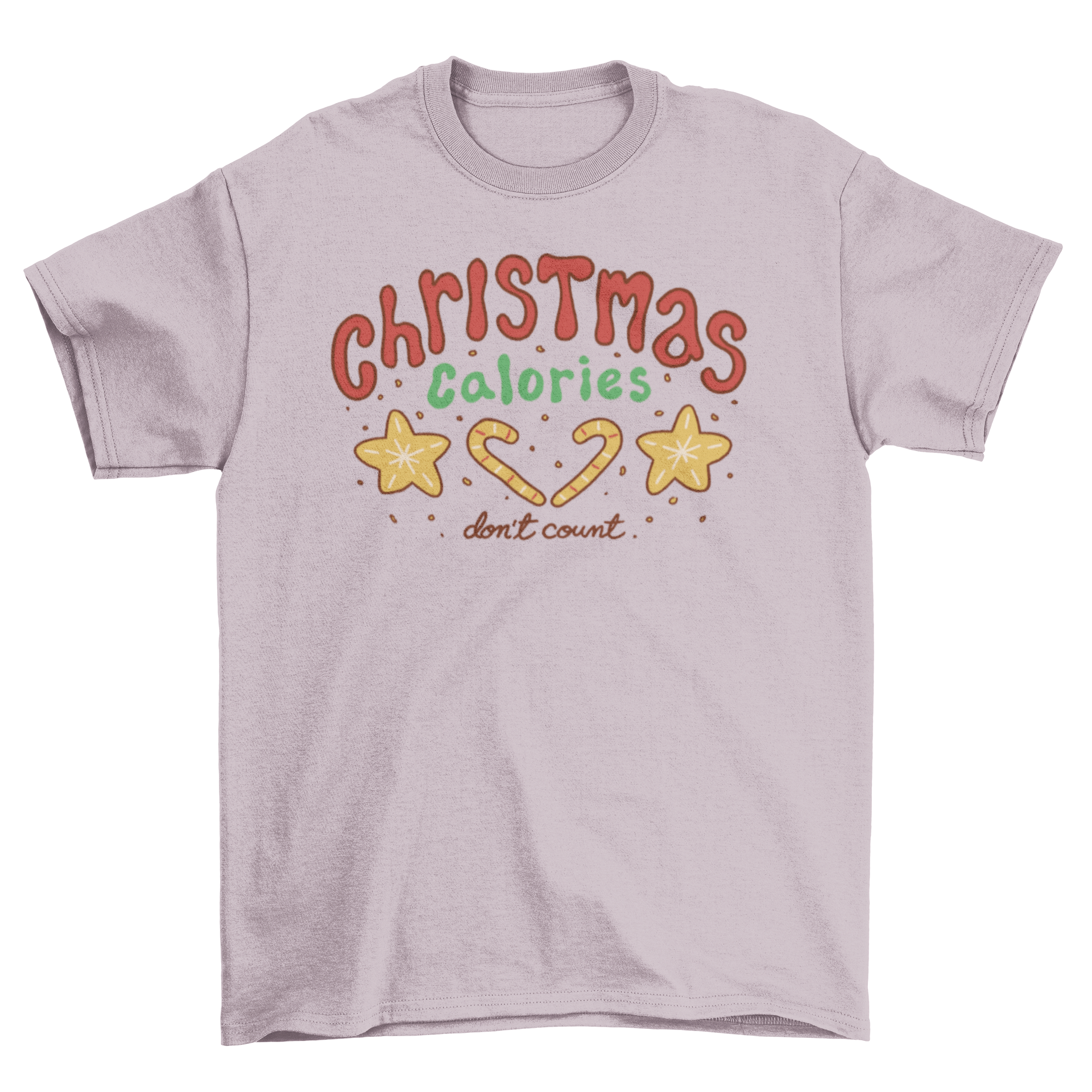 A festive Christmas t-shirt featuring the quote 'Christmas calories don't count' in a playful design, perfect for holiday celebrations.