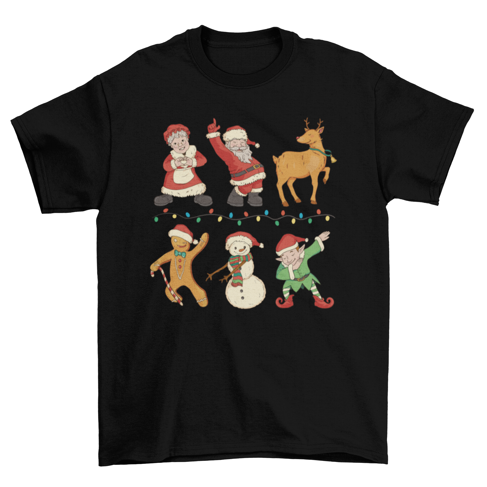 A festive t-shirt featuring Santa Claus, a gingerbread man, and a snowman dancing joyfully, perfect for Christmas celebrations.