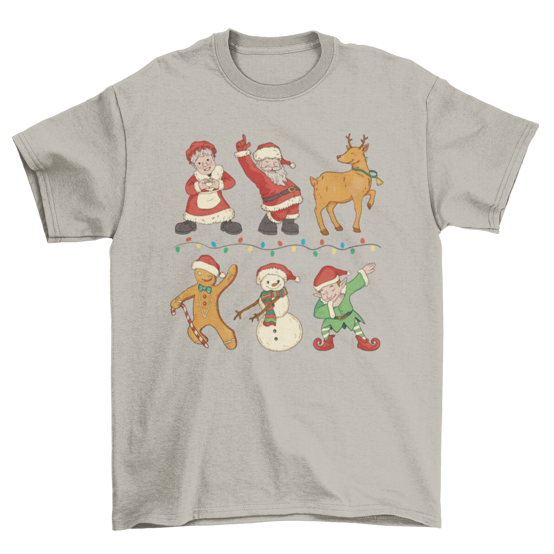 A festive t-shirt featuring Santa Claus, a gingerbread man, and a snowman dancing joyfully, perfect for Christmas celebrations.