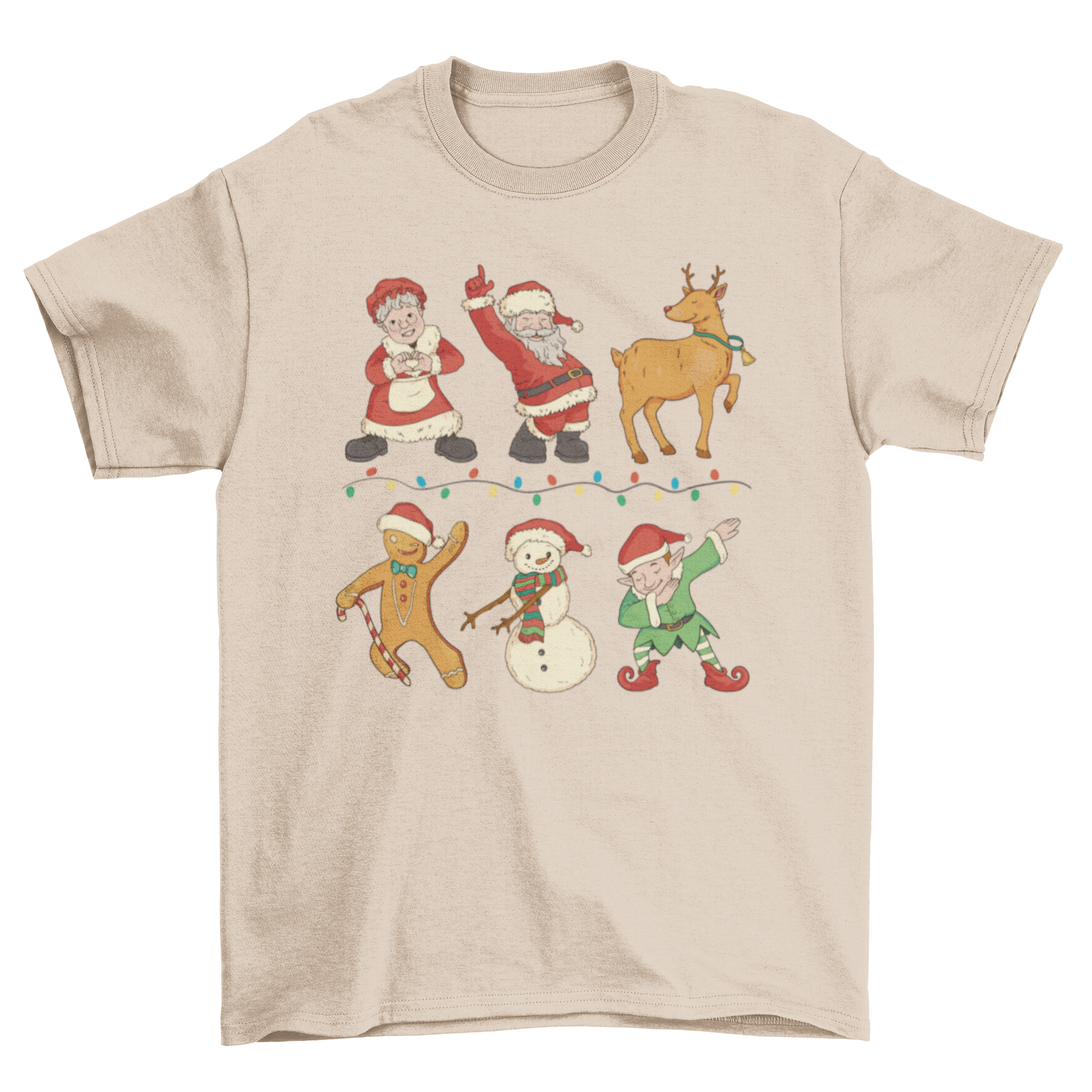 A festive t-shirt featuring Santa Claus, a gingerbread man, and a snowman dancing joyfully, perfect for Christmas celebrations.