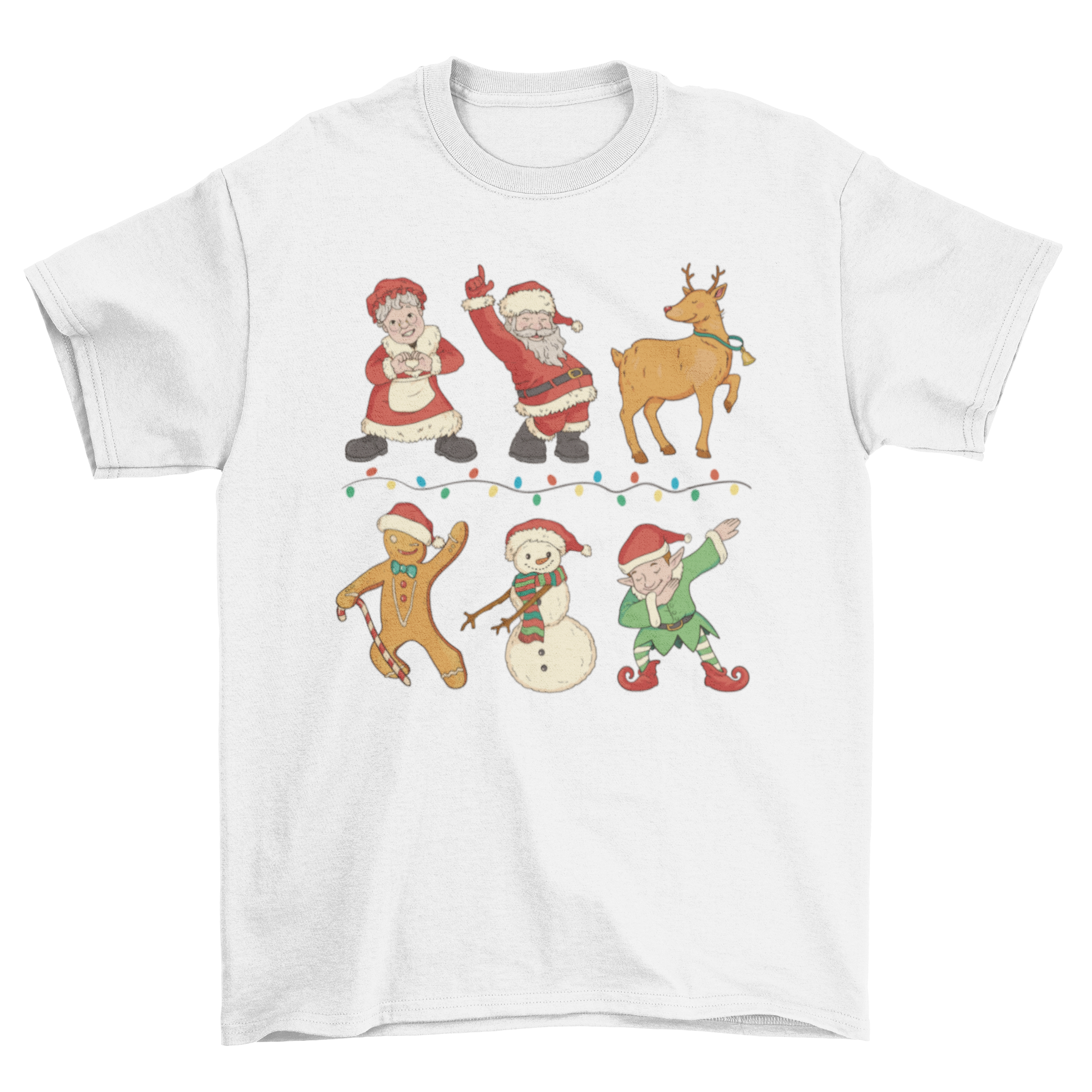 A festive t-shirt featuring Santa Claus, a gingerbread man, and a snowman dancing joyfully, perfect for Christmas celebrations.