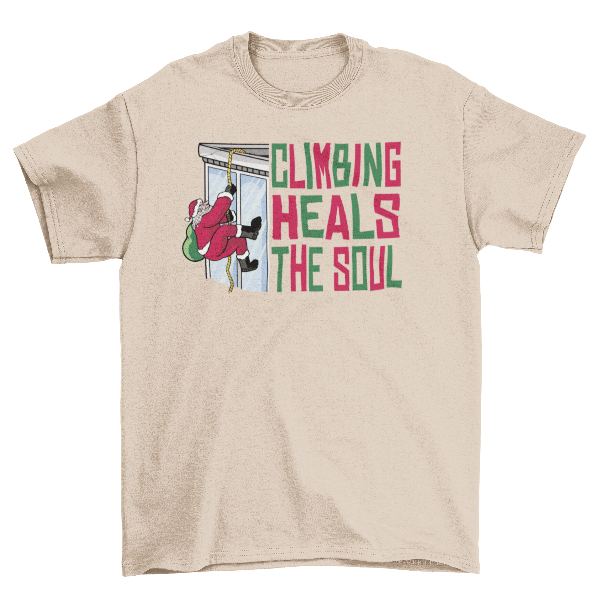 A festive Christmas t-shirt featuring Santa climbing a building with the quote 'Climbing heals the soul'.