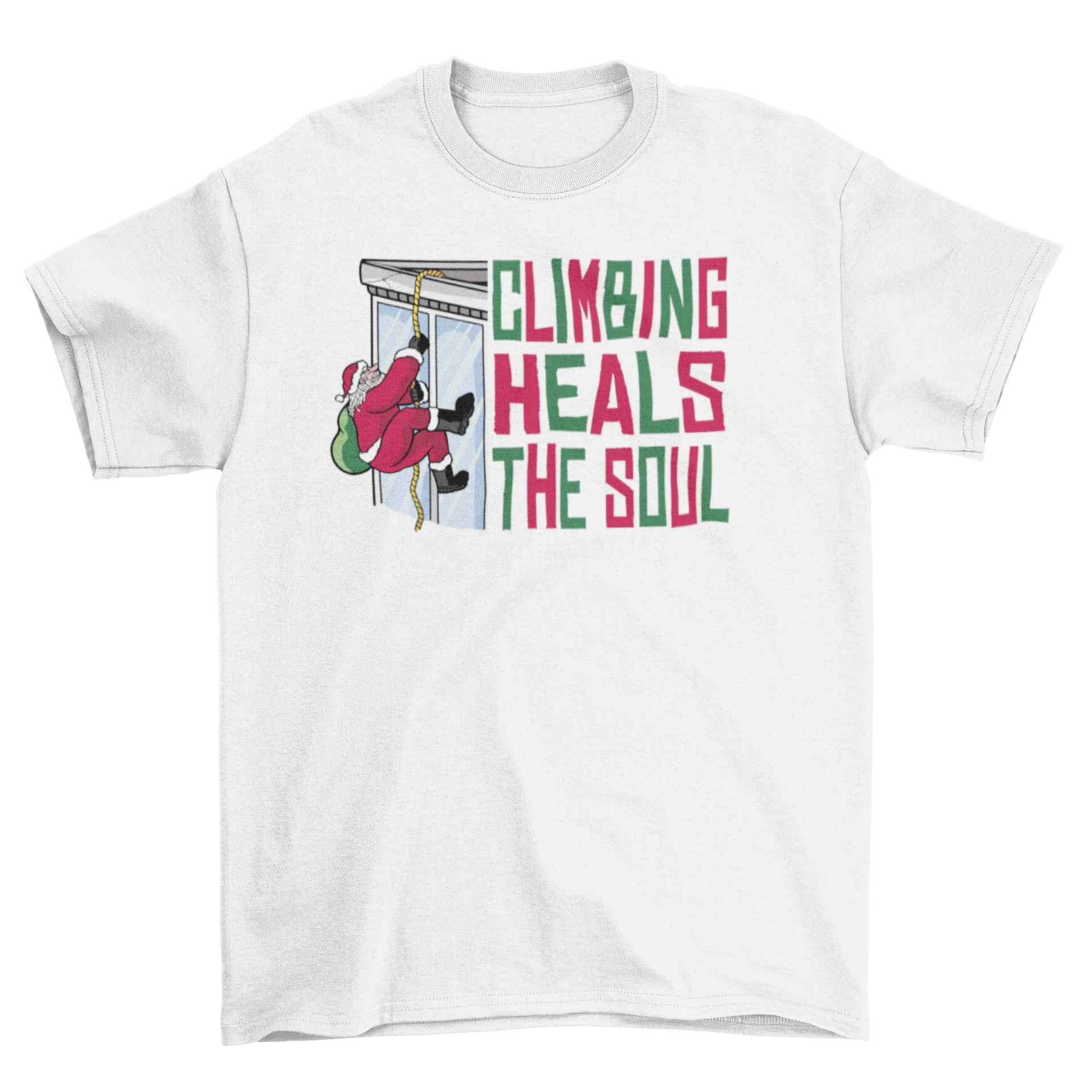 A festive Christmas t-shirt featuring Santa climbing a building with the quote 'Climbing heals the soul'.