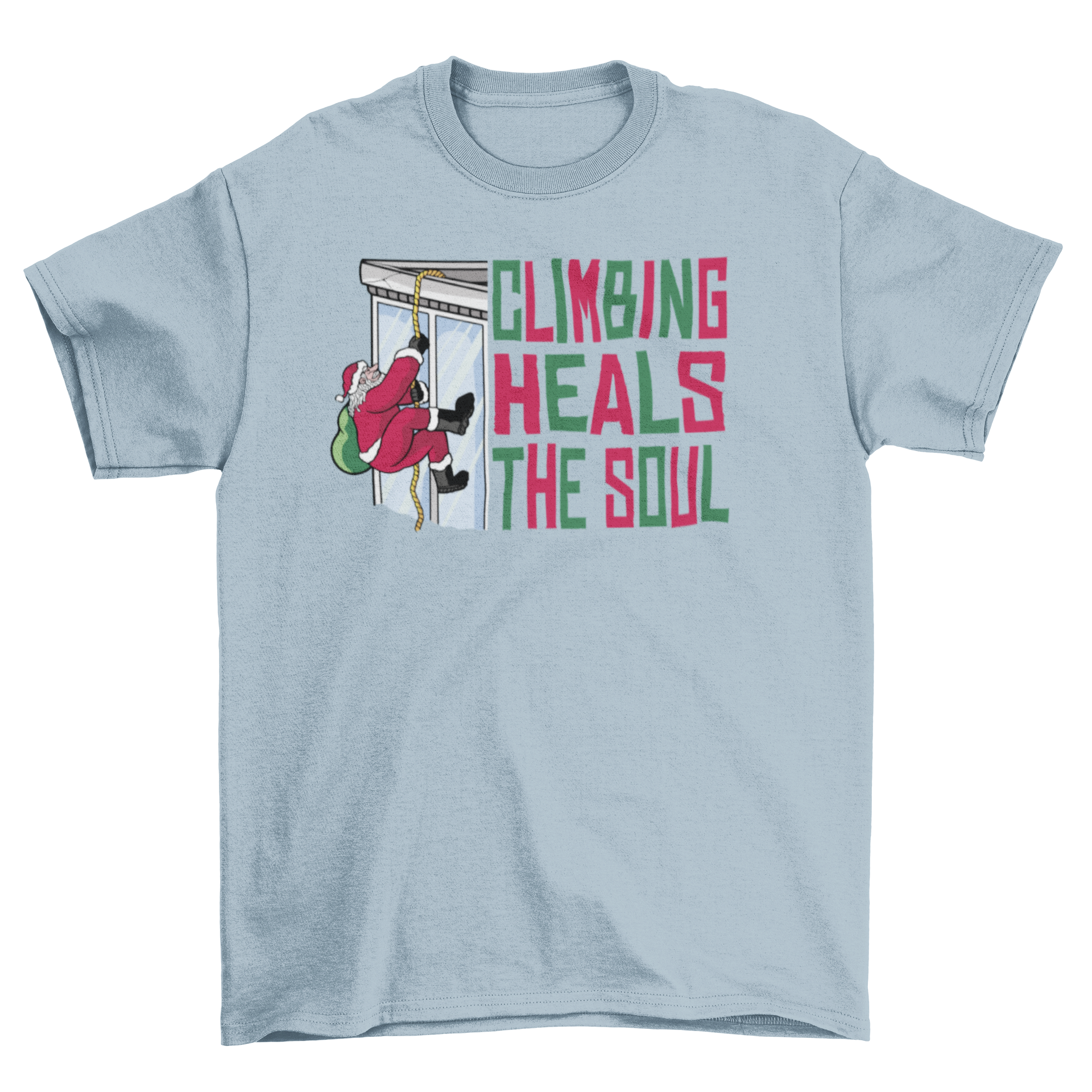 A festive Christmas t-shirt featuring Santa climbing a building with the quote 'Climbing heals the soul'.