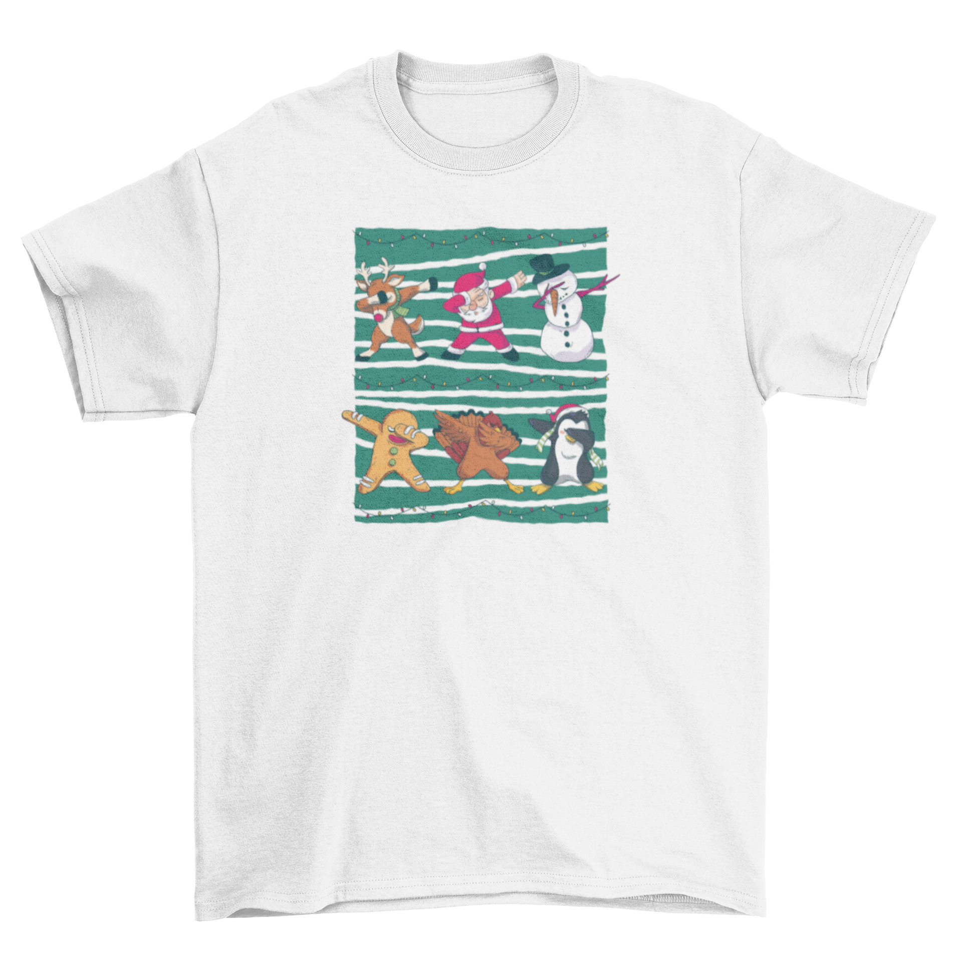 Christmas dab t-shirt featuring Santa, reindeer, snowman, gingerbread cookie, turkey, and penguin dancing with Christmas lights.