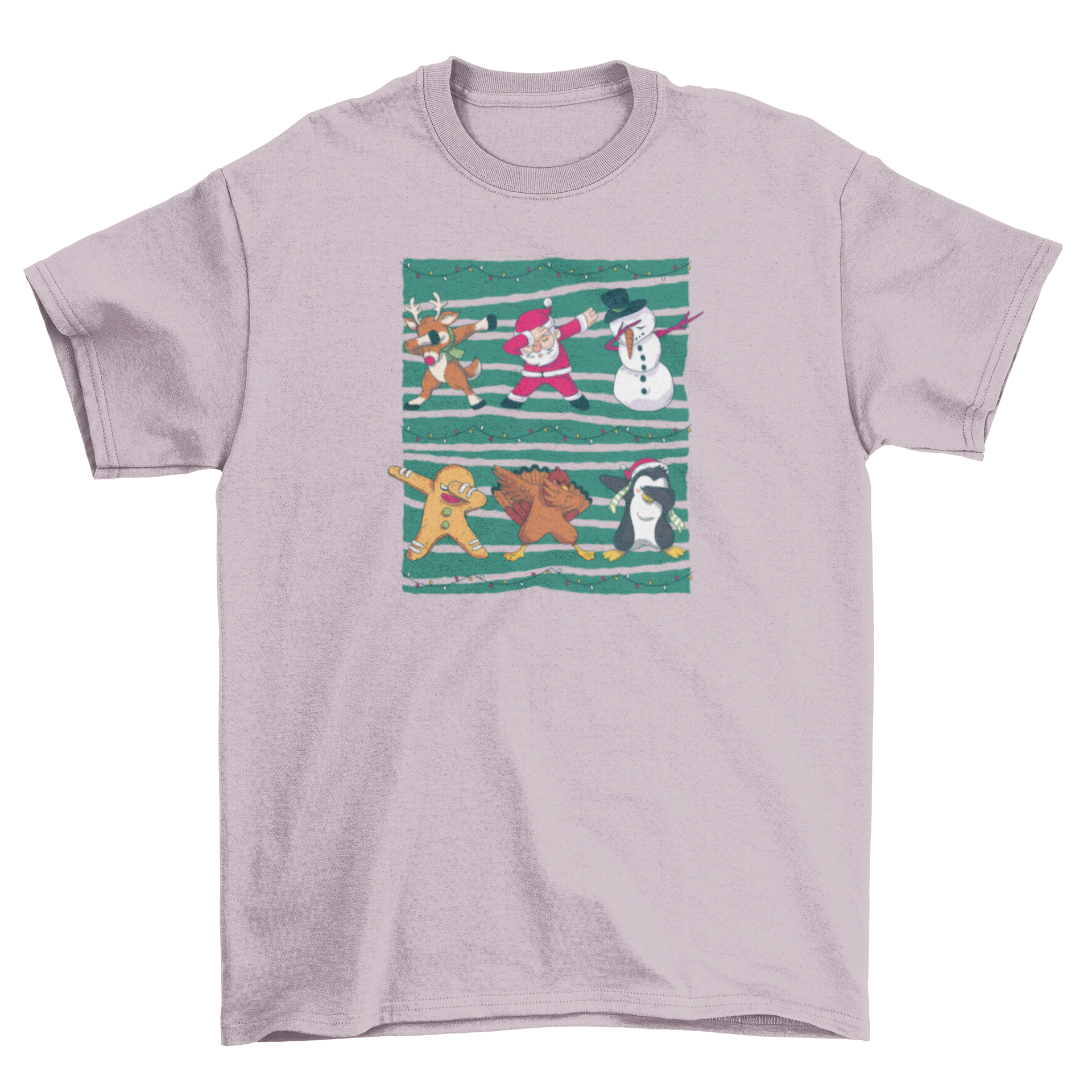 Christmas dab t-shirt featuring Santa, reindeer, snowman, gingerbread cookie, turkey, and penguin dancing with Christmas lights.