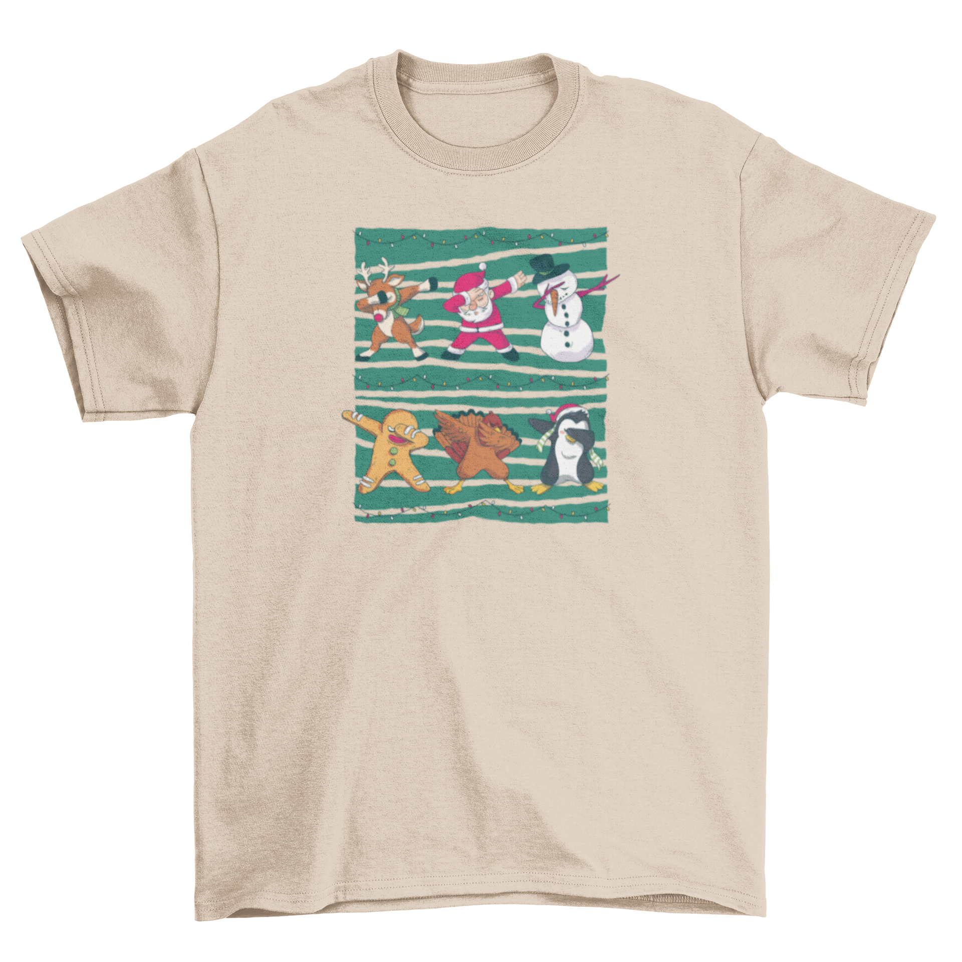 Christmas dab t-shirt featuring Santa, reindeer, snowman, gingerbread cookie, turkey, and penguin dancing with Christmas lights.