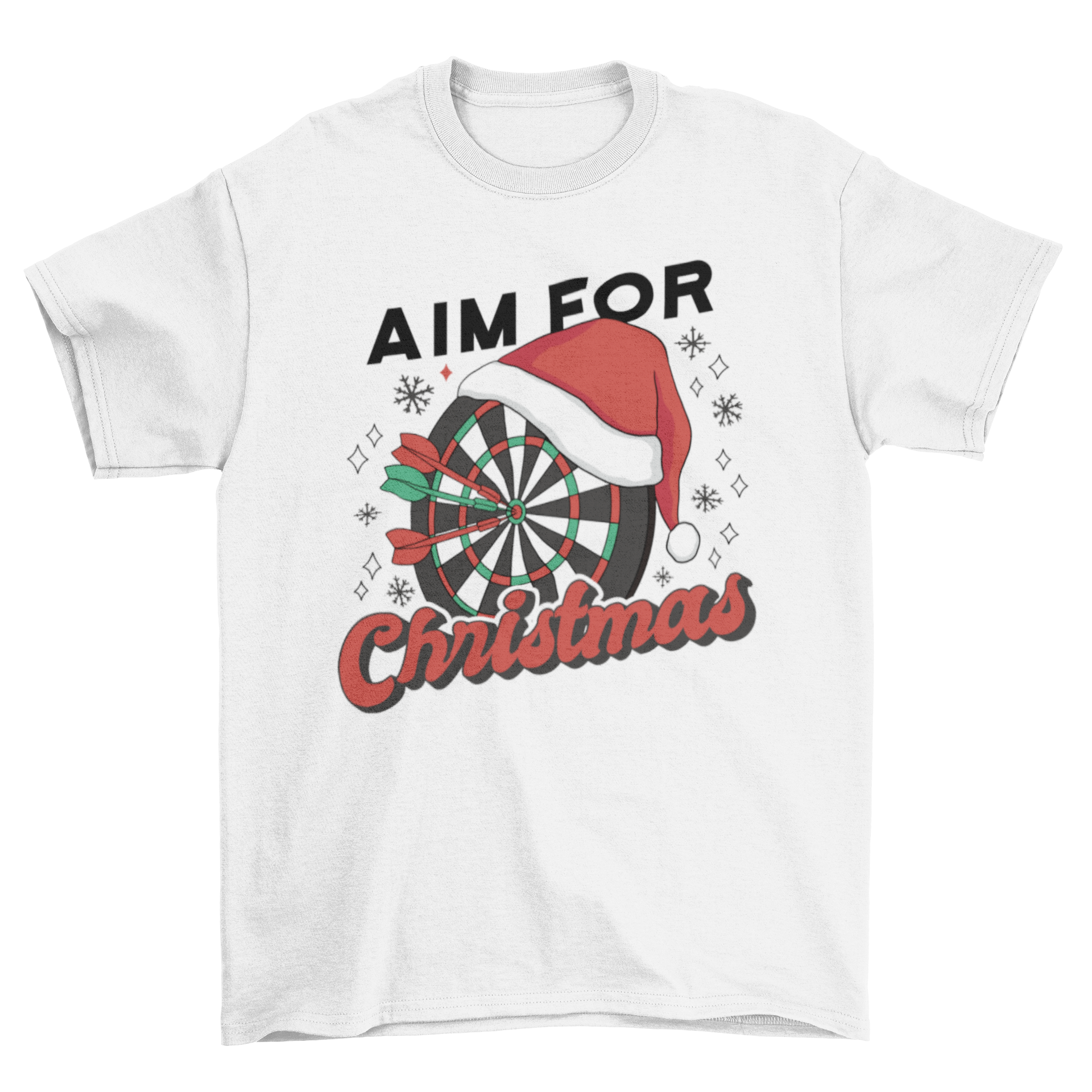 A festive t-shirt featuring a dartboard with a Christmas hat and the quote 'Aim for Christmas', perfect for holiday celebrations.