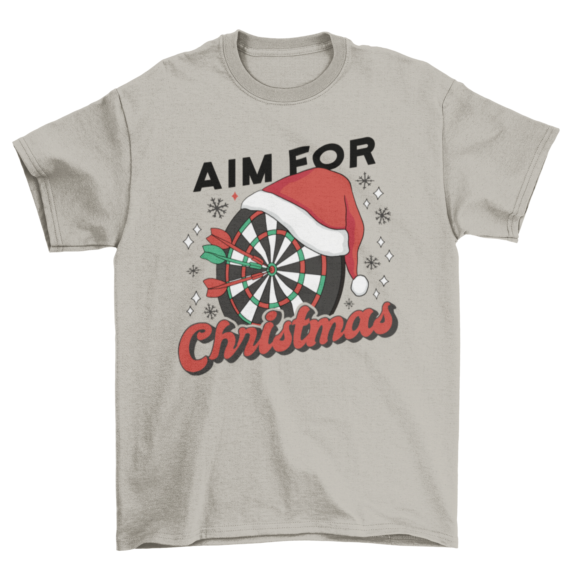 A festive t-shirt featuring a dartboard with a Christmas hat and the quote 'Aim for Christmas', perfect for holiday celebrations.