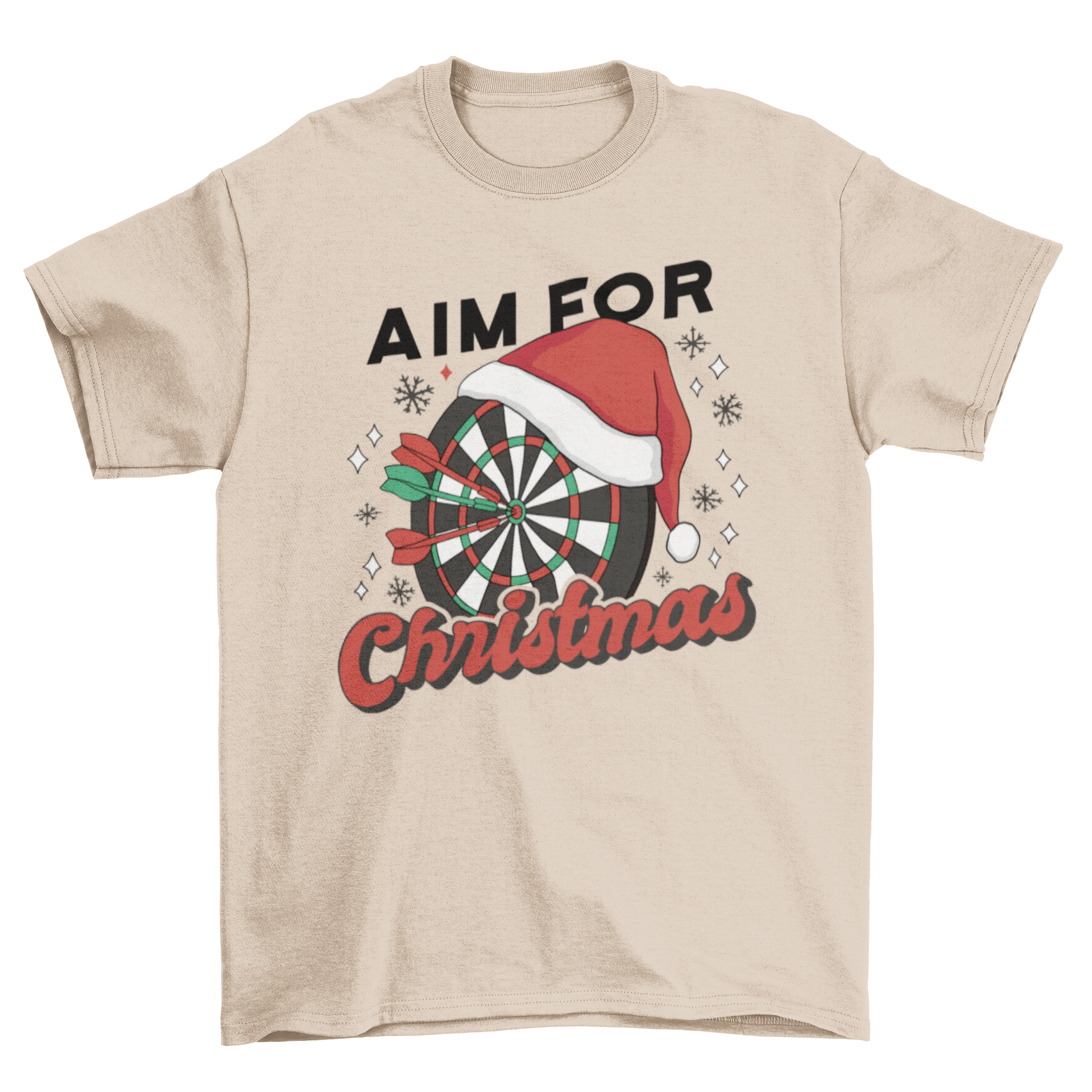 A festive t-shirt featuring a dartboard with a Christmas hat and the quote 'Aim for Christmas', perfect for holiday celebrations.