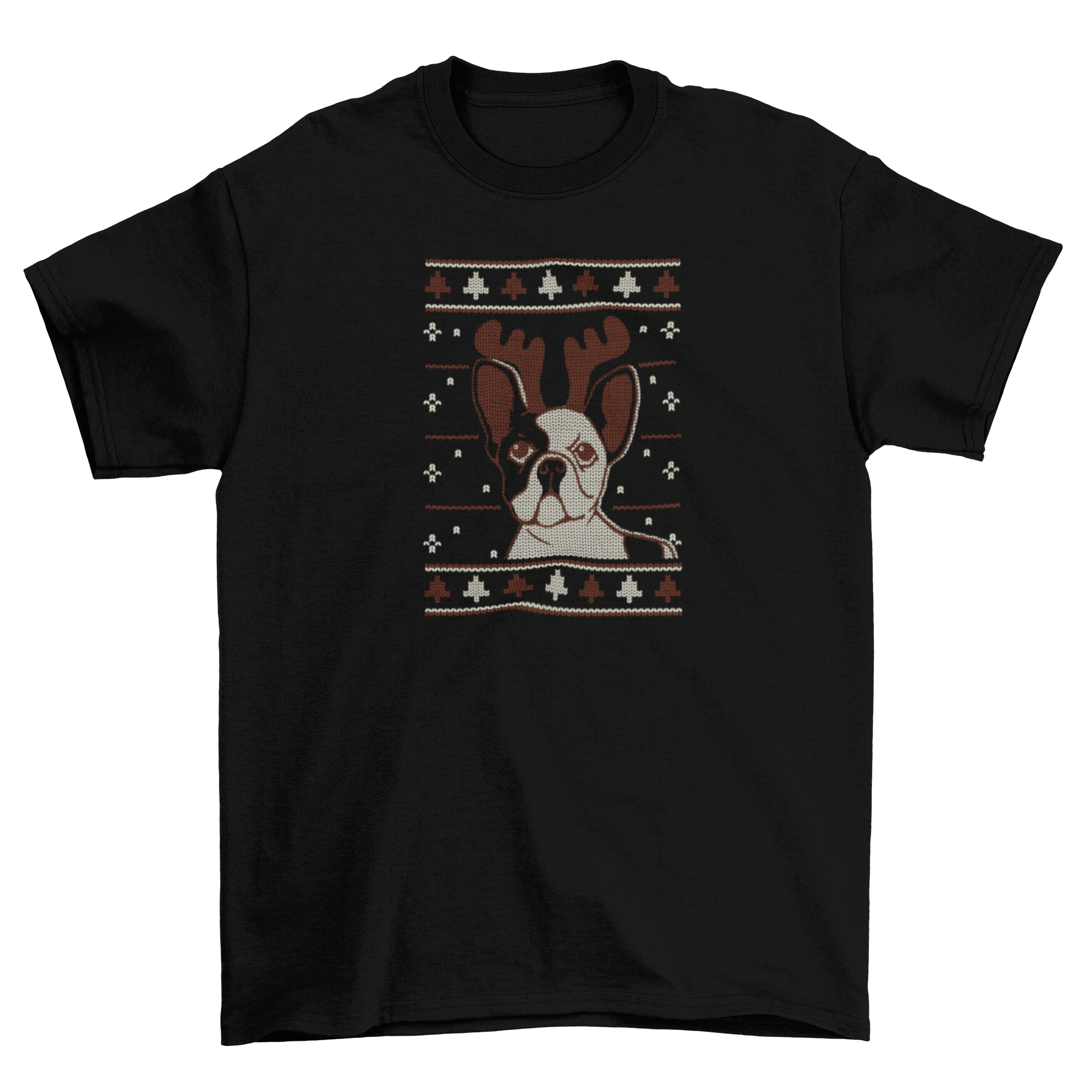 Christmas dog t-shirt featuring a pit bull puppy with reindeer antlers in an ugly sweater design.