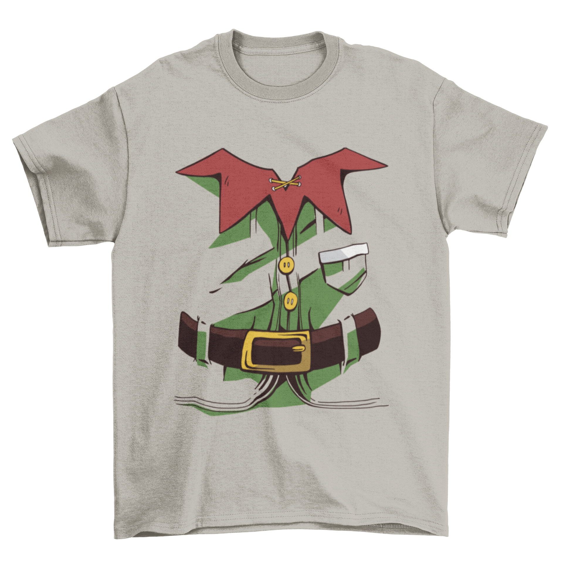 A vibrant Christmas elf costume t-shirt featuring a playful elf illustration, perfect for holiday celebrations.