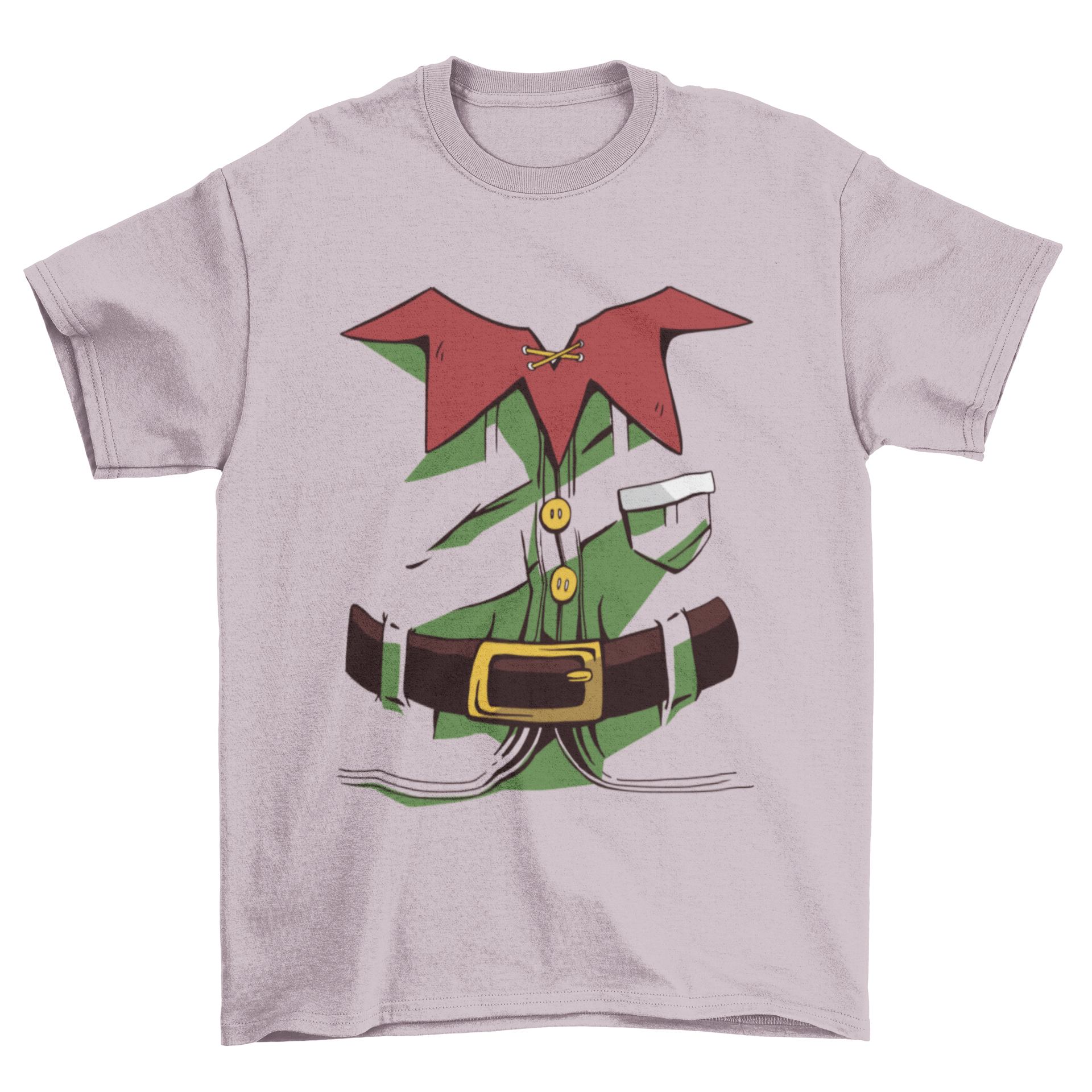 A vibrant Christmas elf costume t-shirt featuring a playful elf illustration, perfect for holiday celebrations.