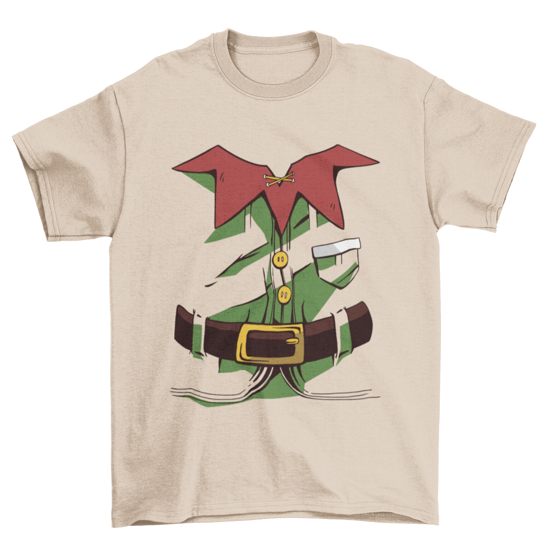 A vibrant Christmas elf costume t-shirt featuring a playful elf illustration, perfect for holiday celebrations.