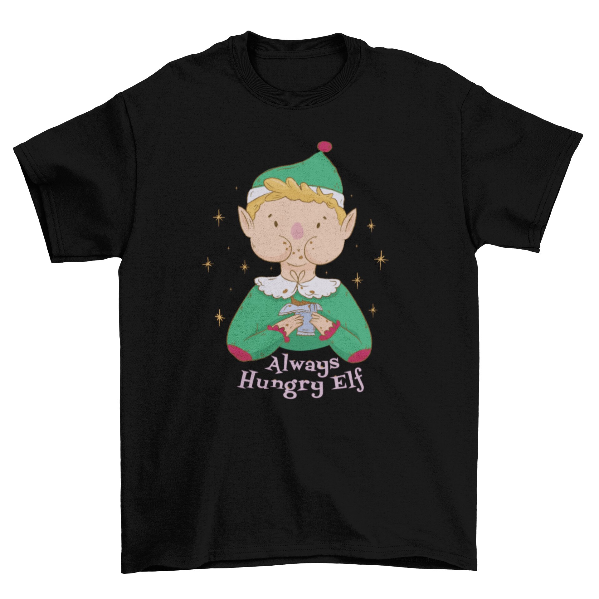 A festive t-shirt featuring a cute elf joyfully eating a chocolate bar with the quote 'Always hungry elf'.