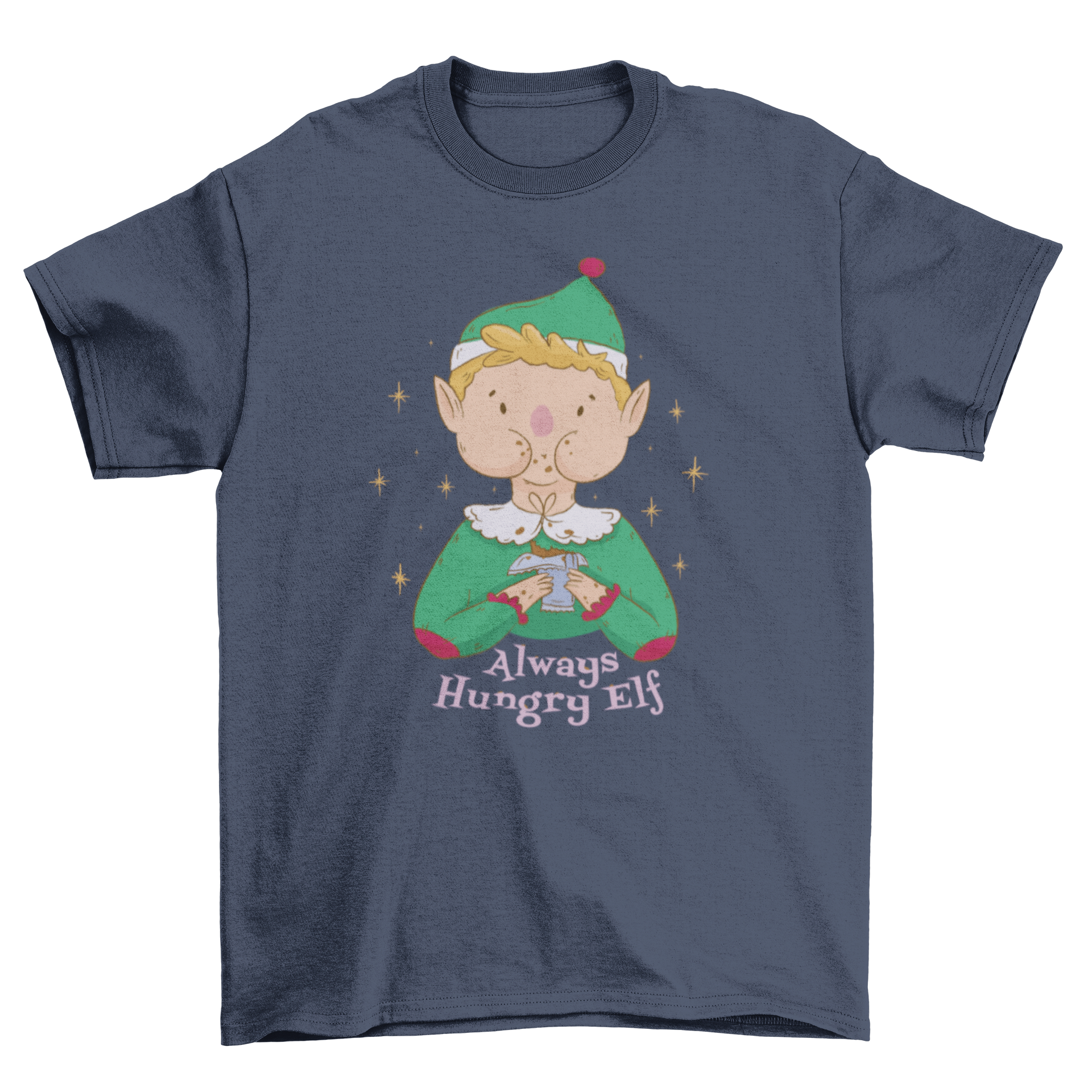 A festive t-shirt featuring a cute elf joyfully eating a chocolate bar with the quote 'Always hungry elf'.